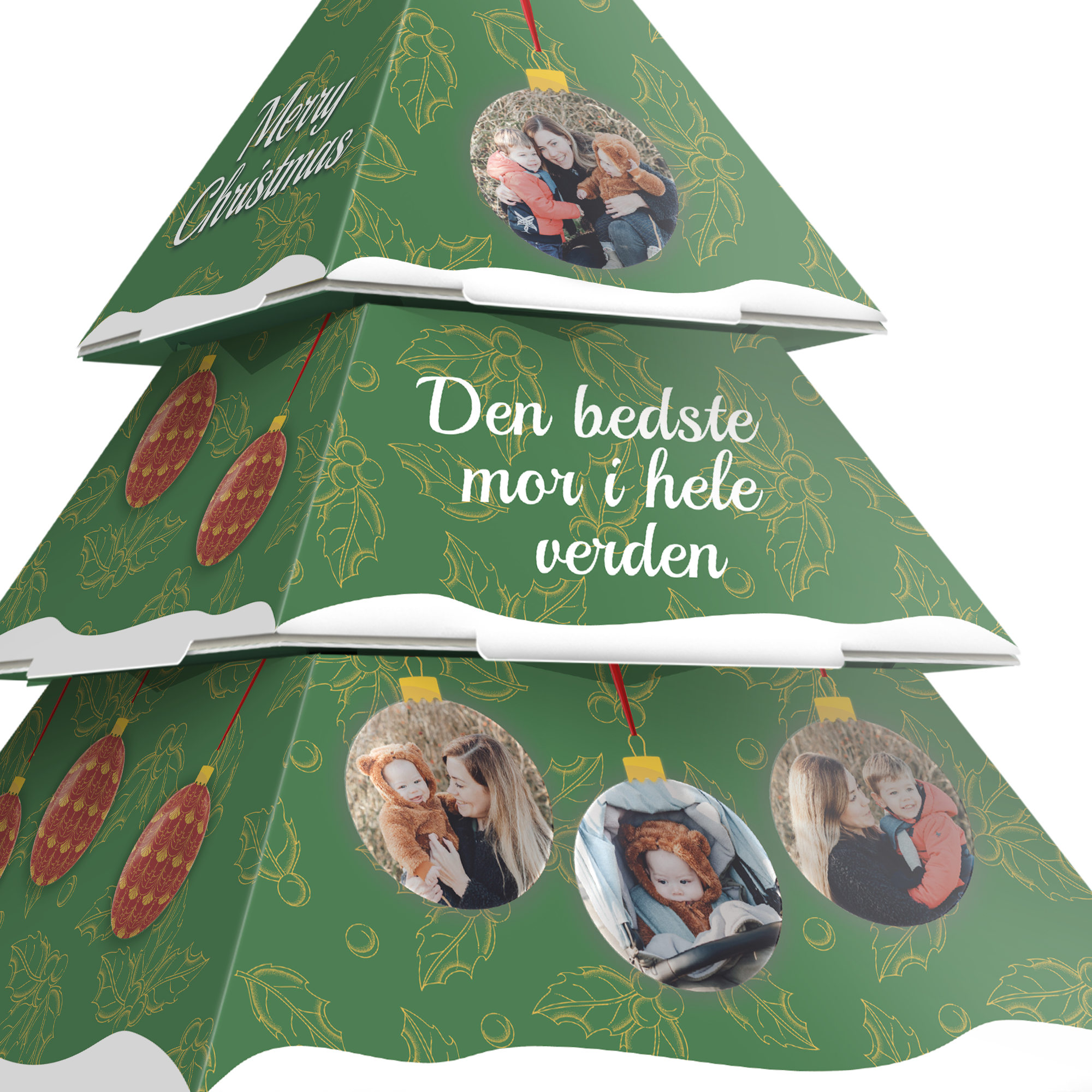 Grønt personligt juletræ af papir med foto og teksten Den bedste mor i hele verden. Sæt gang i julestemningen.