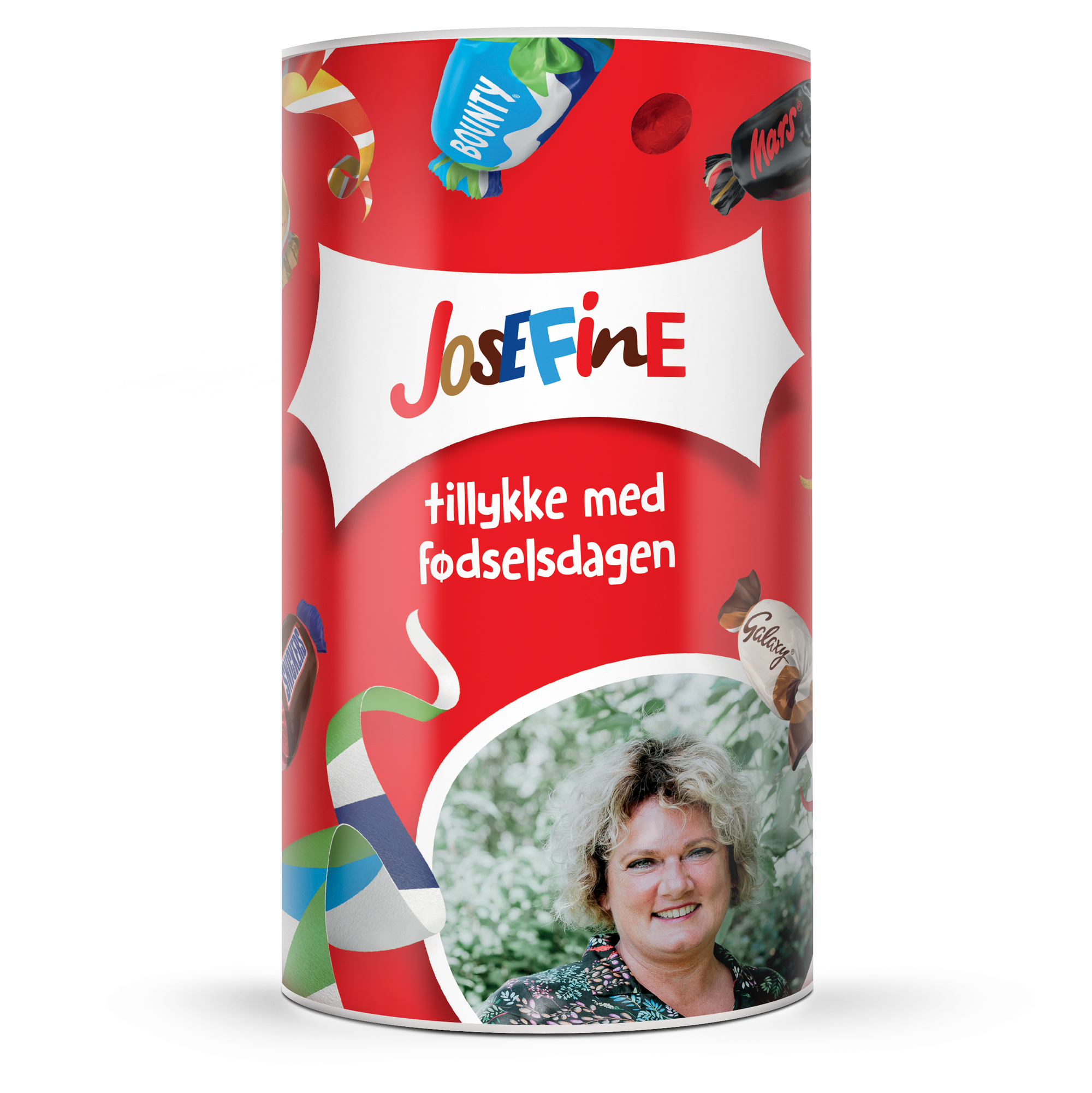 Celebrations chokoladebøtte med foto af en kvinde og navn Josefine, samt teksten tillykke med fødselsdagen