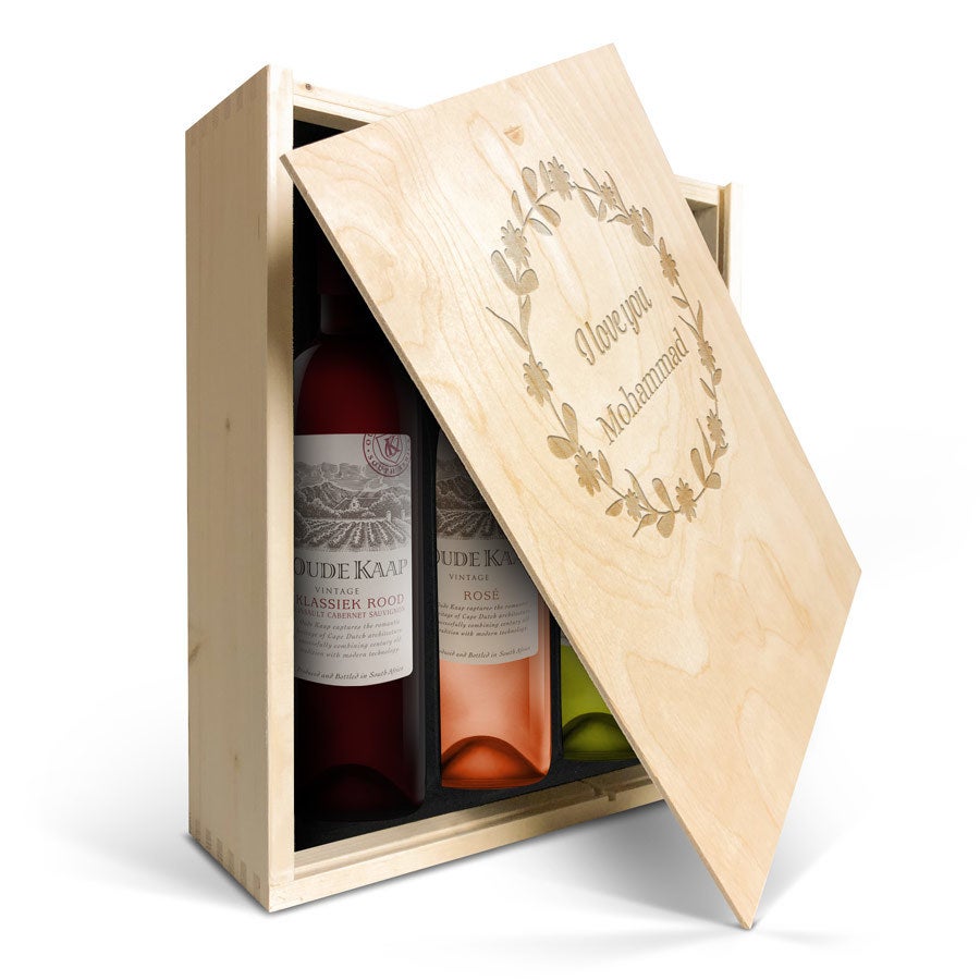 Personalised wine gift - Oude Kaap - White, red and rose - Engraved wooden case
