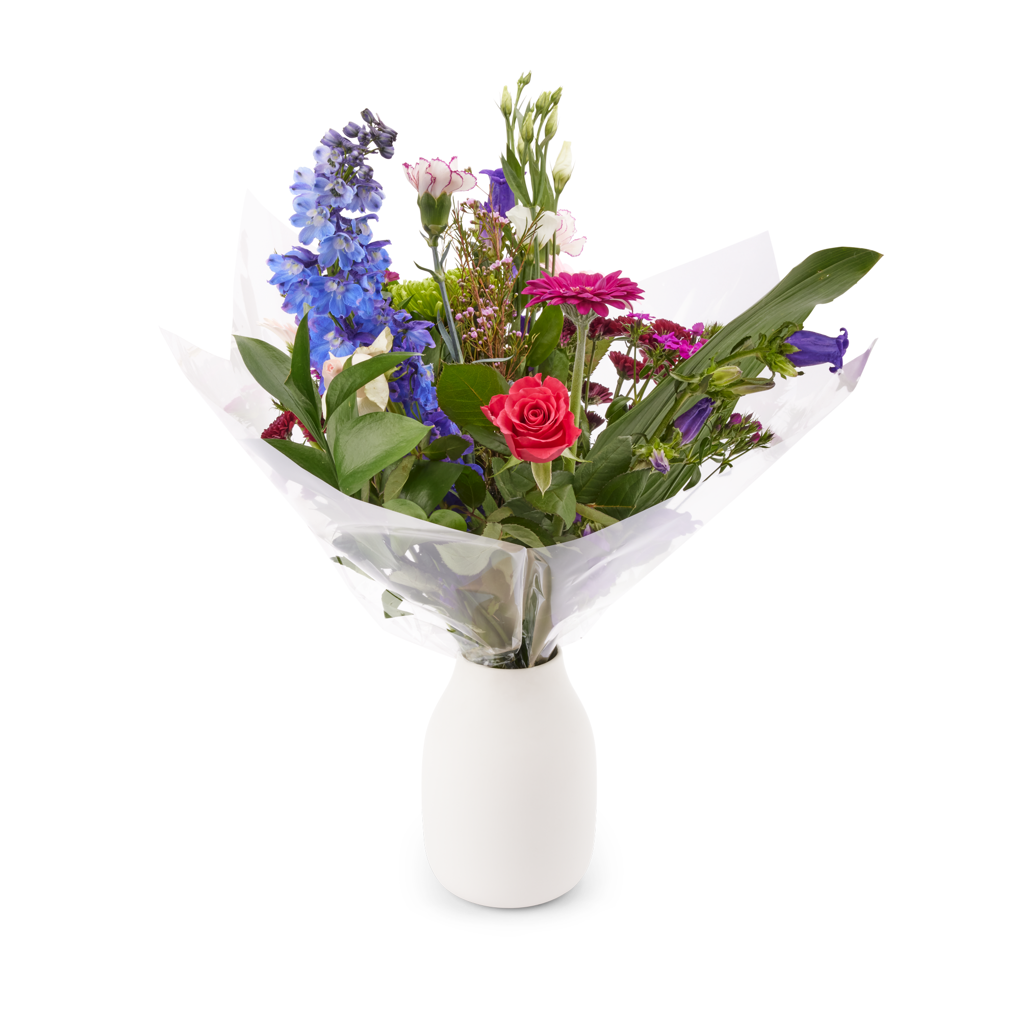 Natuurlijk plukboeket met roze roos, blauwe delphinium en gerbera, geleverd met gepersonaliseerd cadeaukaartje.