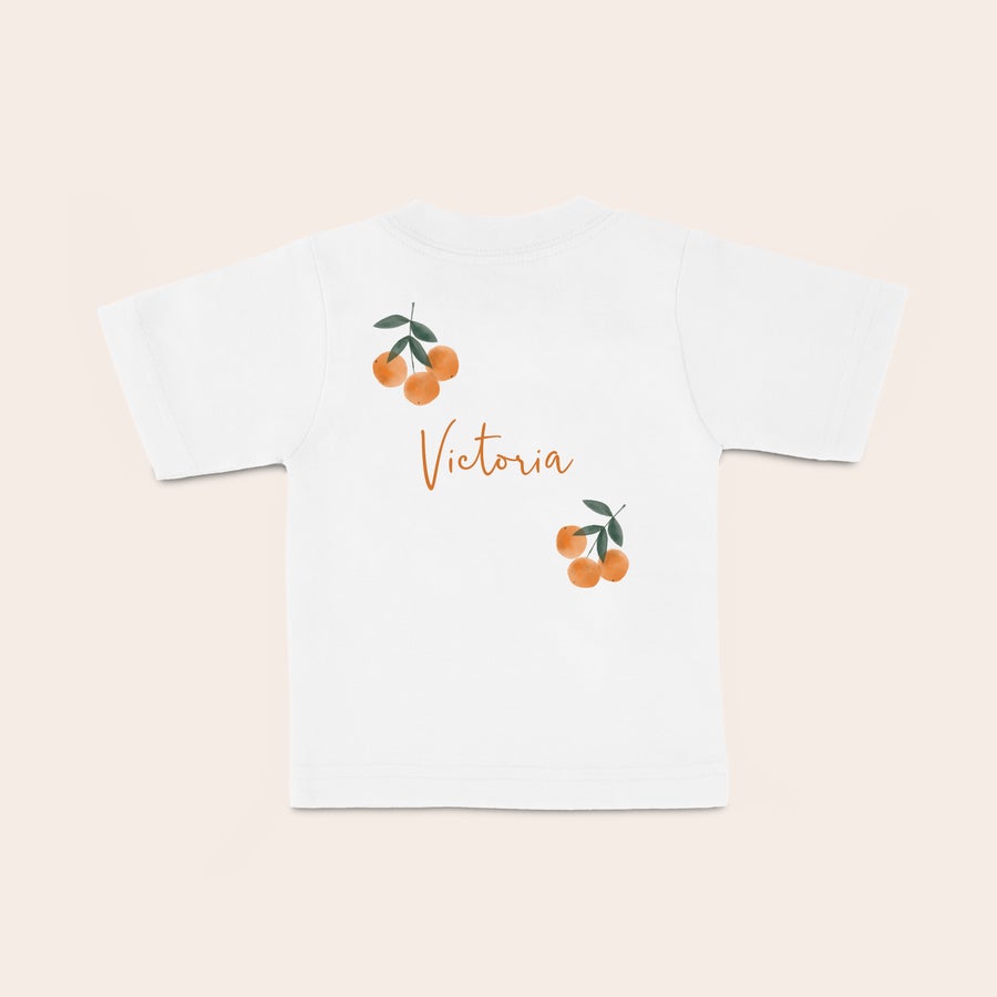 Baby t shirt bedrucken Weißes Baby T-Shirt mit Namen Victoria und Orangen-Motiv bedruckt
