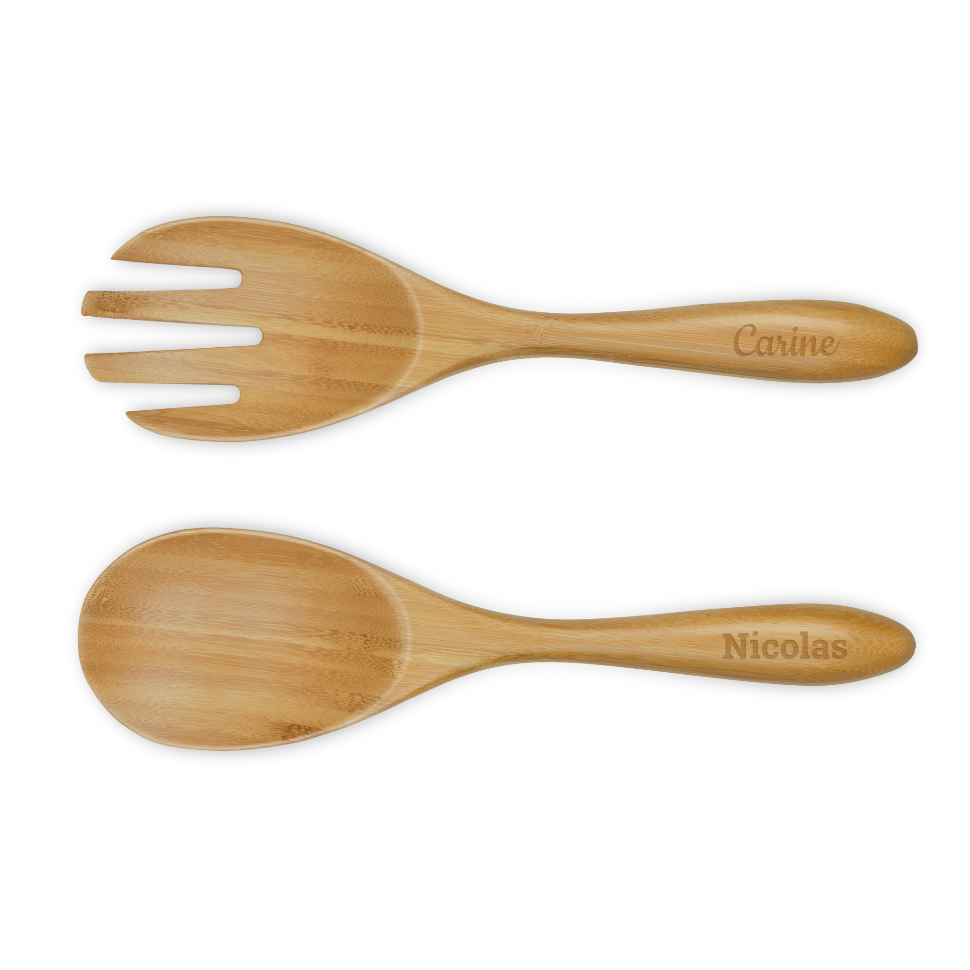 Couverts à salade en bambou avec fourchette et cuillère, gravés avec les prénoms Carine et Nicolas