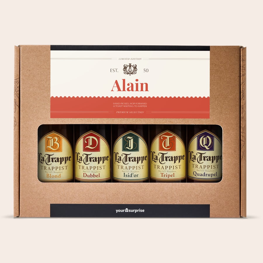 Coffret à bière personnalisé Pack de bière trappiste personnalisé avec le prénom Alain imprimé sur l'étiquette cadeau, et 5 bières La Trappe