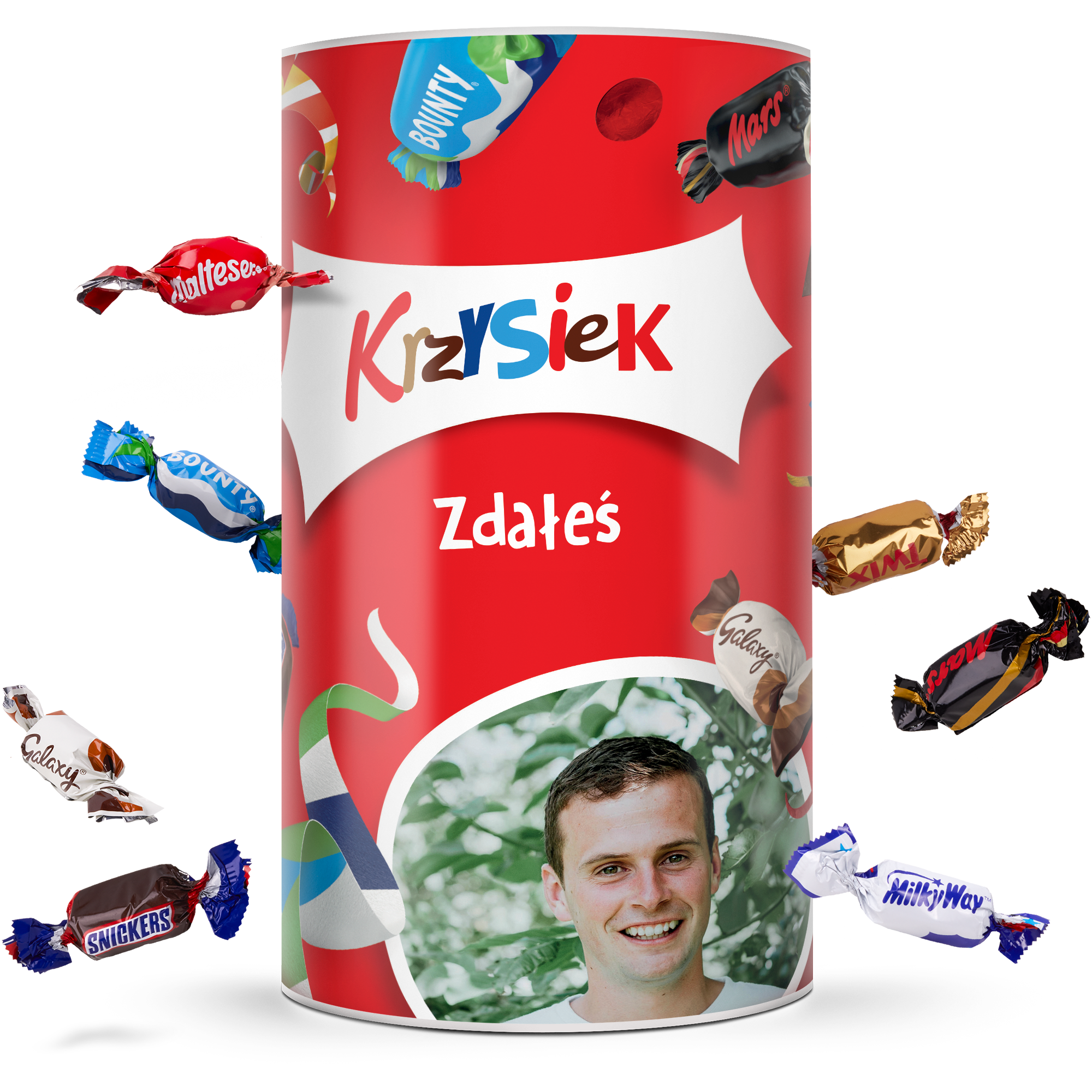 Cukierki Celebrations w personalizowanej tubie z nadrukowanym imieniem Krzysiek zdjęciem i napisem Zdałeś na czerwonym tle