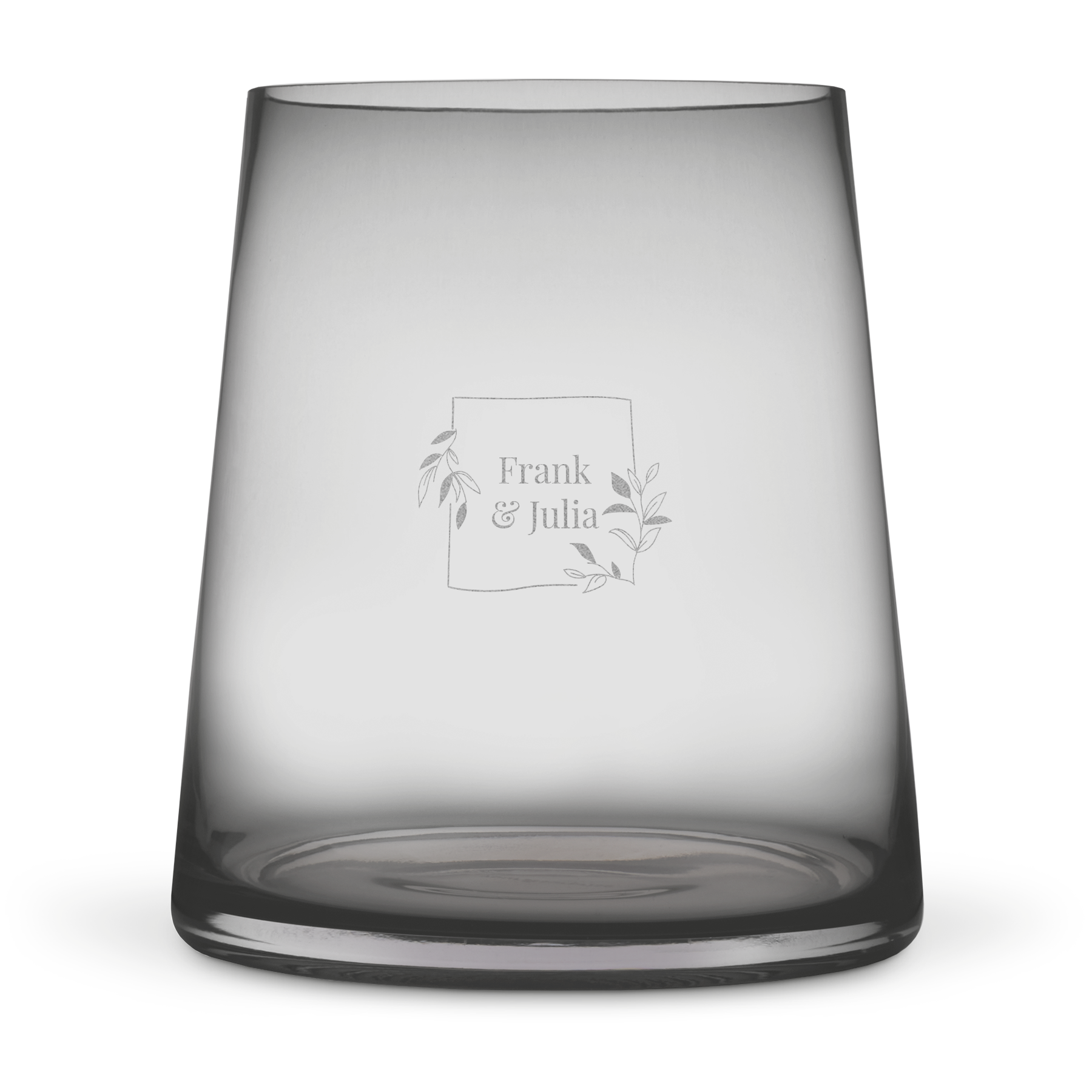 Personalisierte Vase mit der Gravur Frank & Julia in floralem Rahmen, für ein tolles Design.