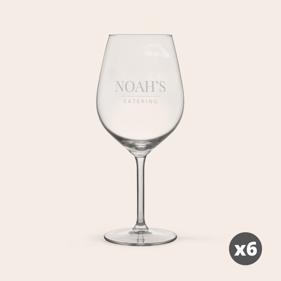 Pahar - Vin Roșu Pahar de vin roșu cu gravură personalizată "NOAH'S CATERING", elegant, din sticlă transparentă, x6