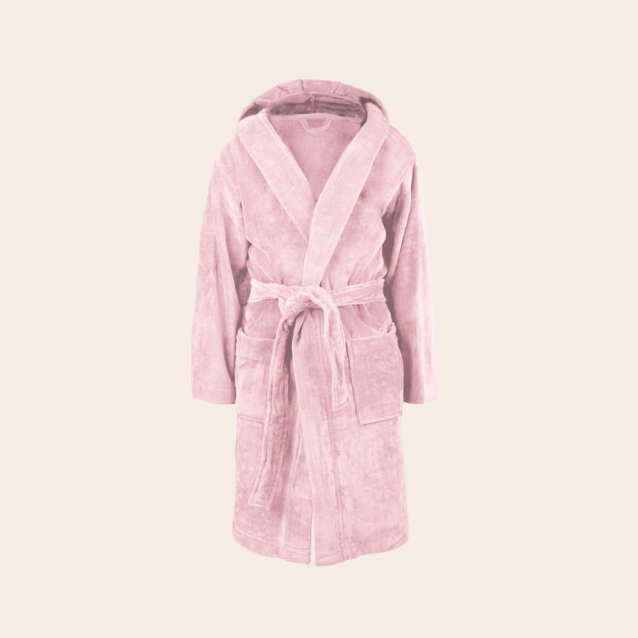 Badjas kind met naam Roze kinderbadjas met capuchon, geborduurd met een gepersonaliseerde naam op de borst.