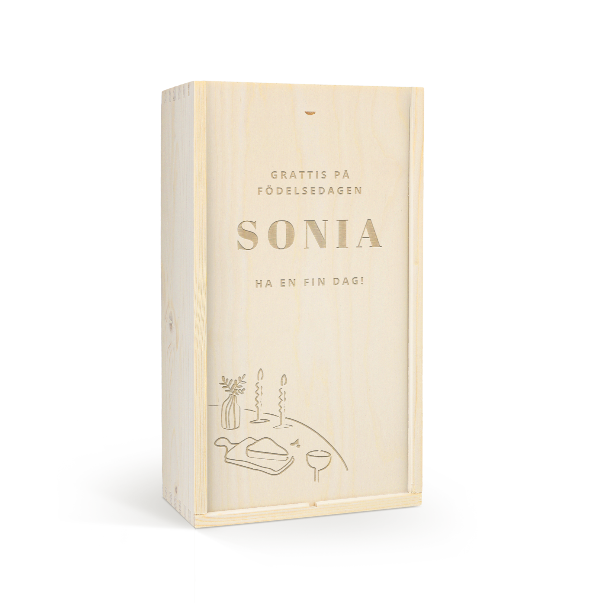 Graverad vinlåda i trä med texten Grattis på födelsedagen Sonia och Ha en fin dag, för att överraska med ett tjusigt vinpaket