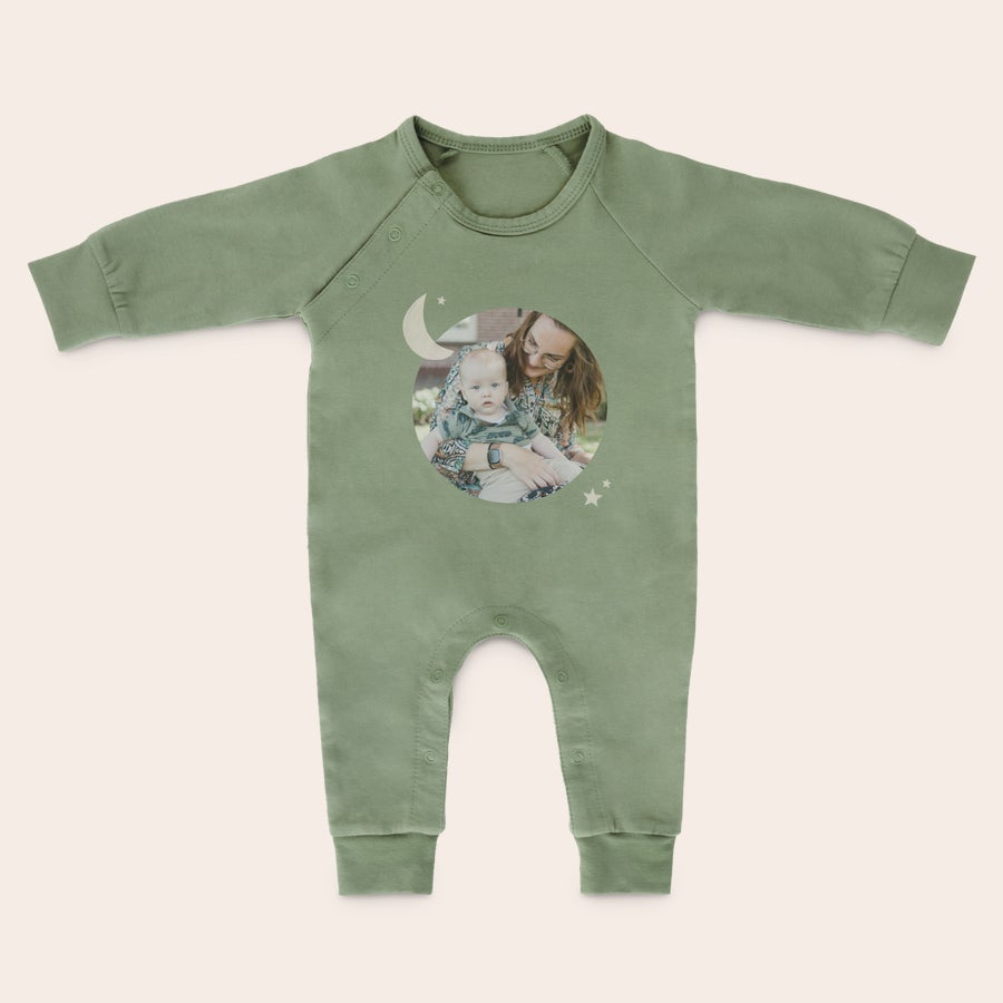 Tutina Pigiama Neonato Tutina stampata e personalizzata verde con foto di mamma e bambino, luna e stelle