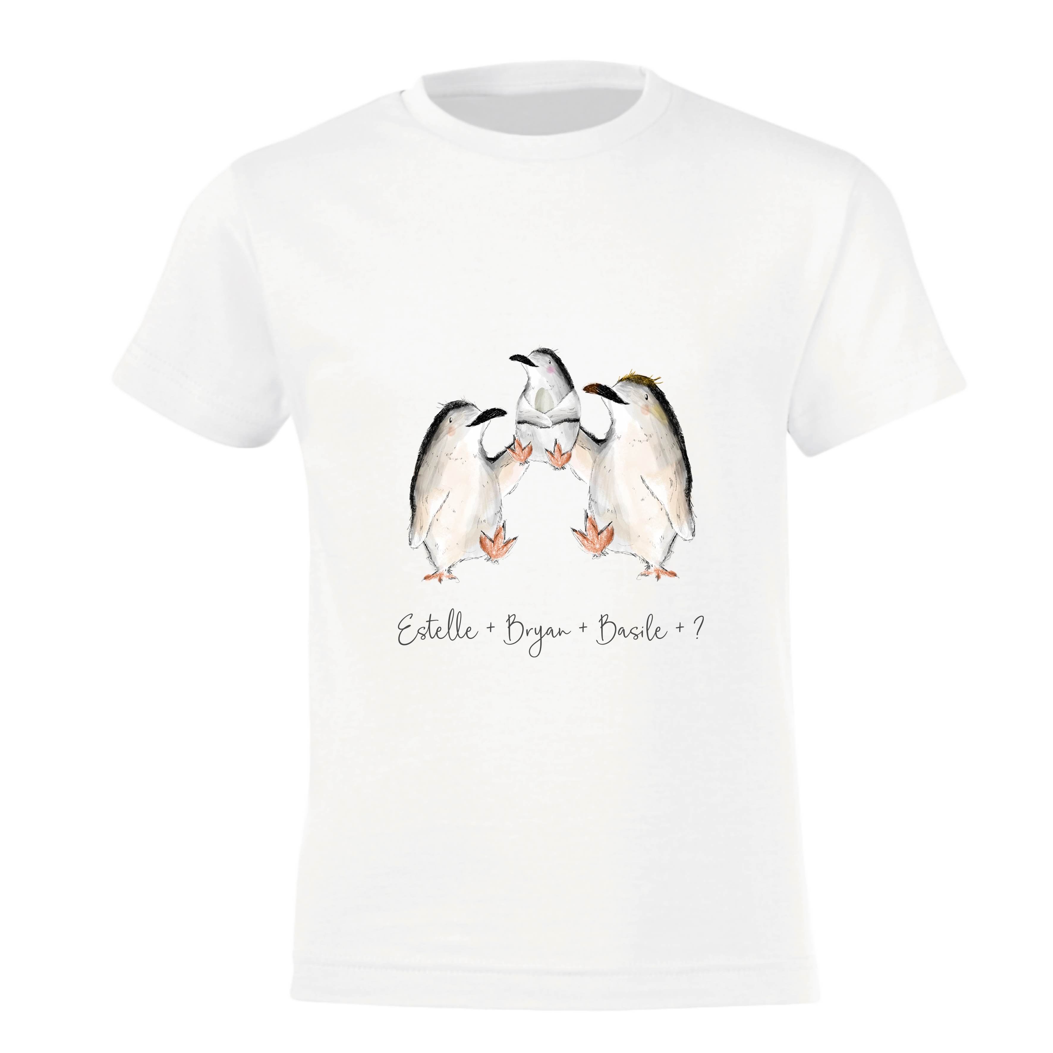 T-shirt blanc personnalisé avec manchots imprimés et noms pour annonce de grossesse