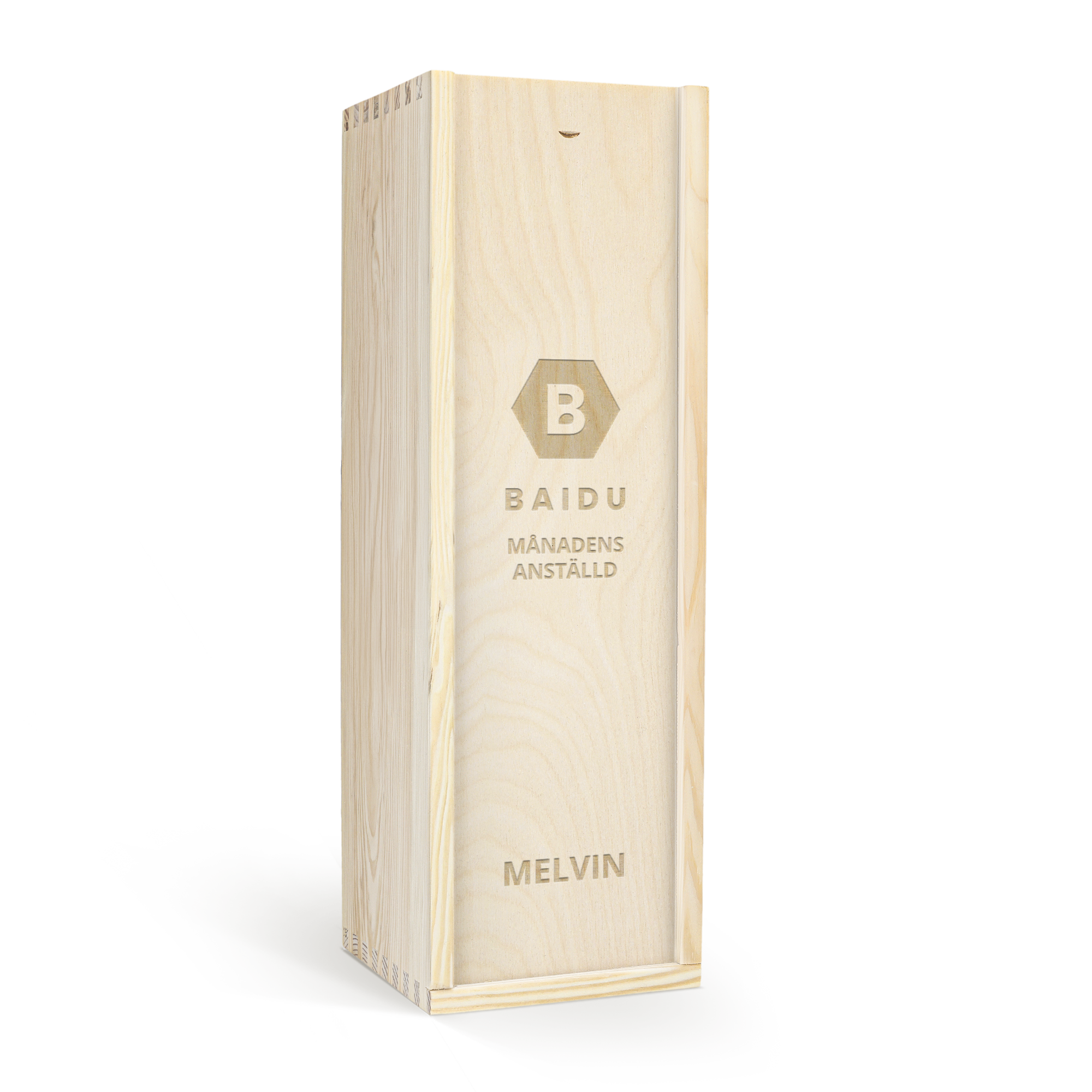 Träask för Graham's 10-åriga portvin, graverad med texten "BAIDU MÅNADENS ANSTÄLLD" och namnet Melvin