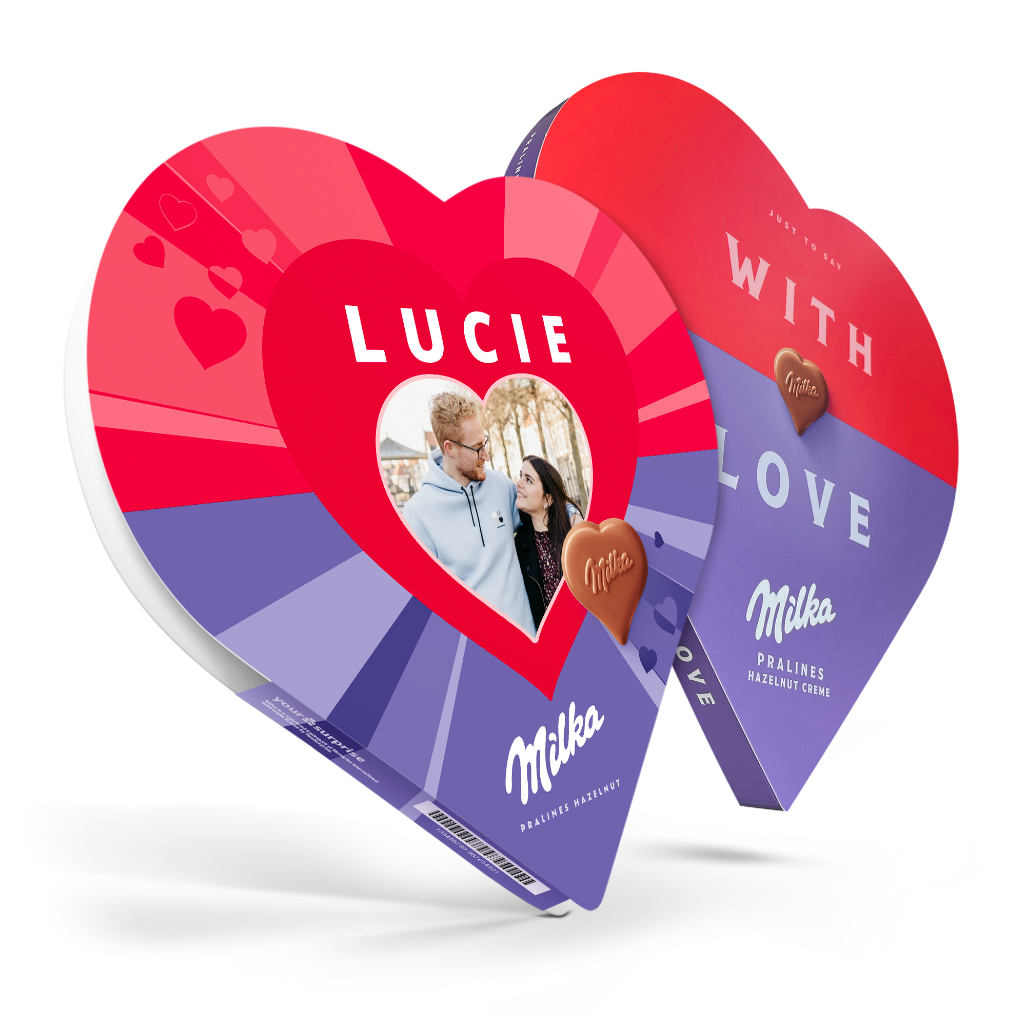 Coffret cœur Milka personnalisé avec la photo d'un couple et le prénom LUCIE Un cadeau à savourer