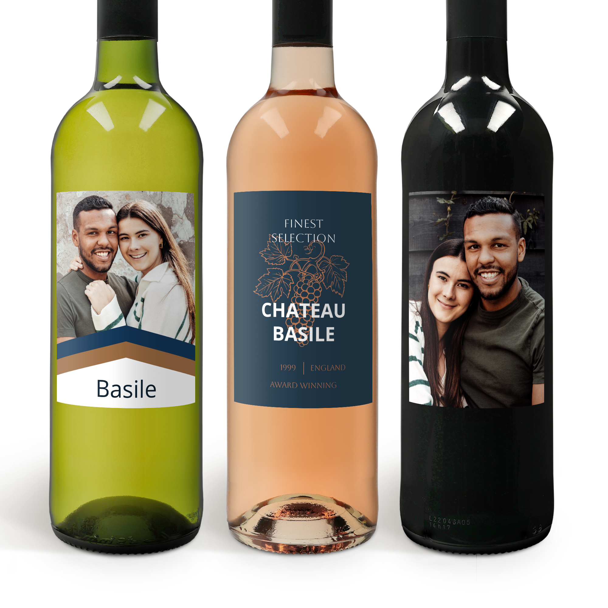 Vinho Belvy tinto, branco e rosé com etiquetas personalizadas com fotos e nome Basile.