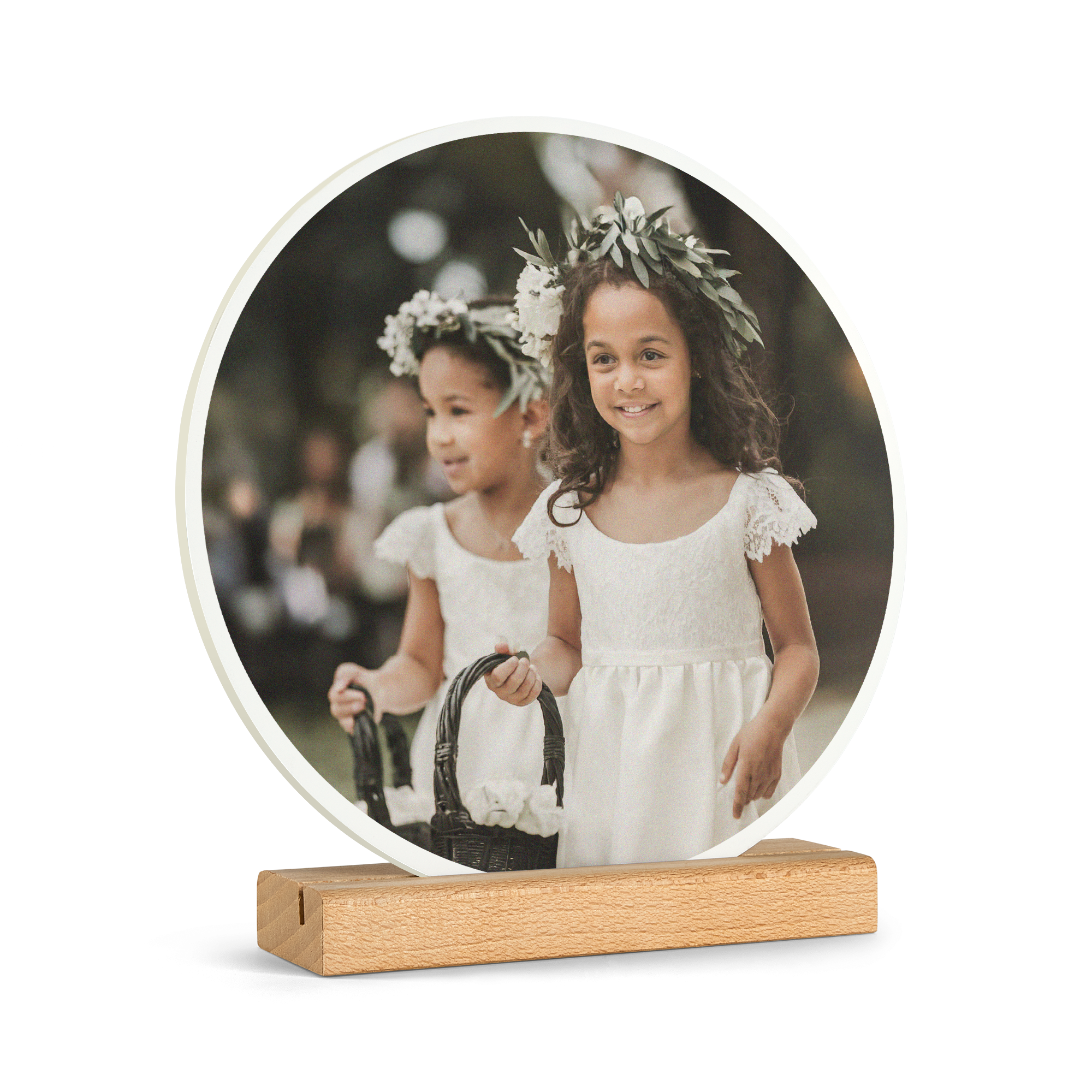 Piastrella rotonda in legno con foto personalizzata di due bambine sorridenti e supporto in legno per sorprendere la persona amata