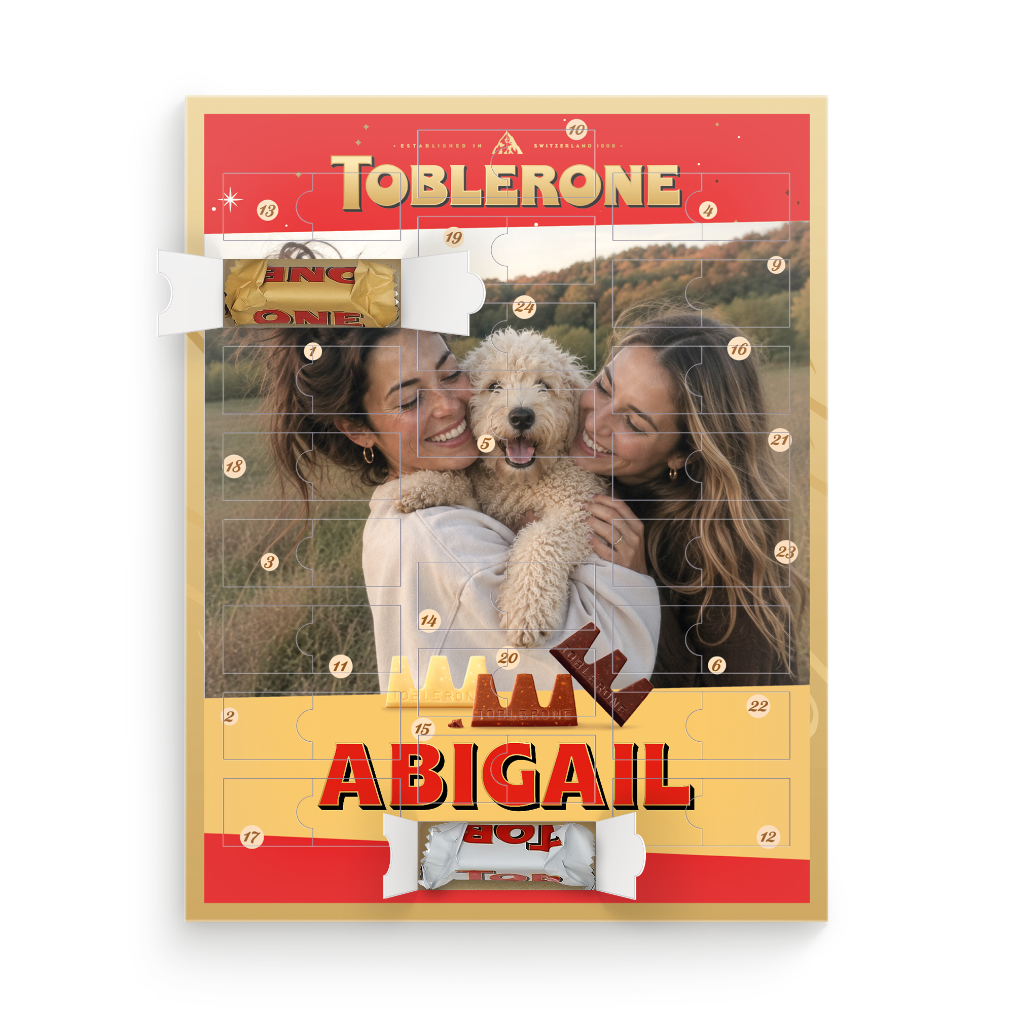 Personalised Toblerone advent calendar with a custom photo and Abigail printed on it