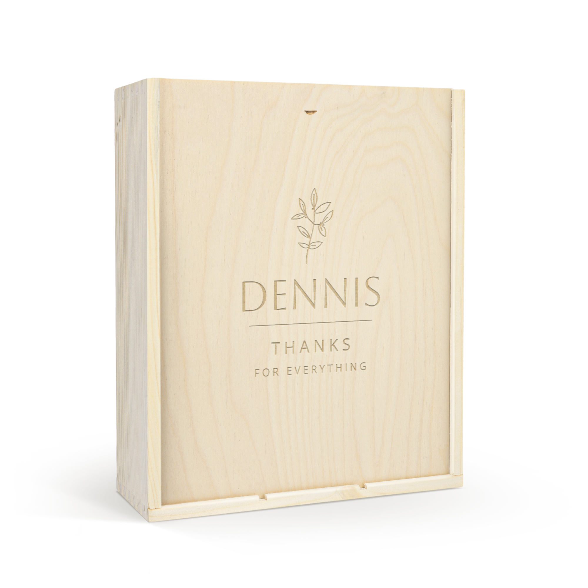 Luxuosa caixa de vinho gravado em madeira clara com nome Dennis e ramos de oliveira, para um pacote magnífico de vinho Belvy