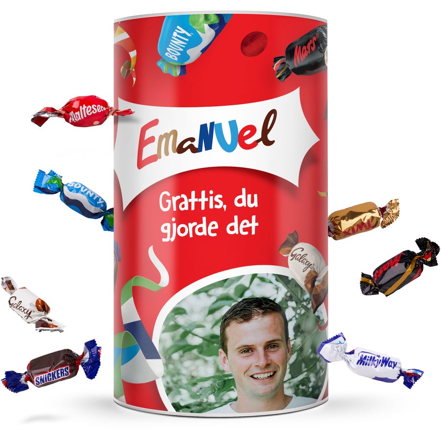 Personligt Celebrations-rör Personligt Celebrations-rör med tryckt foto, namnet Emanuel och texten Grattis, du gjorde det.