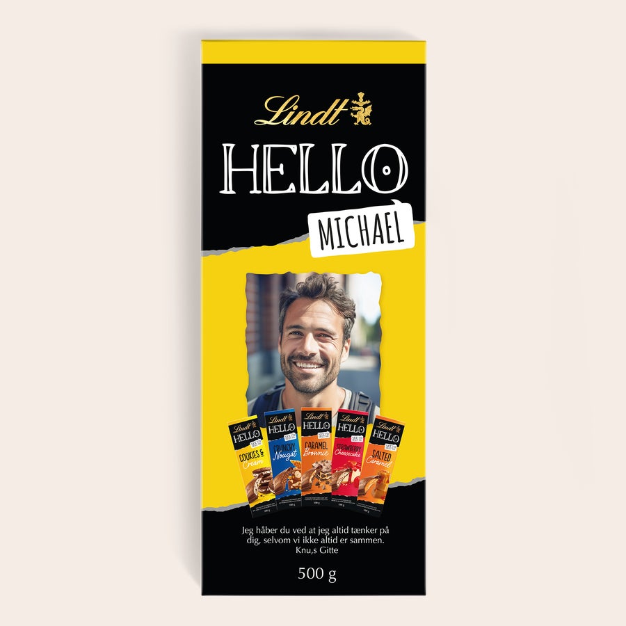 Mega Lindt Hello Chokolade Denne Mega Lindt Hello chokolade overraskelse har et personligt foto og navn Michael trykt på emballagen.