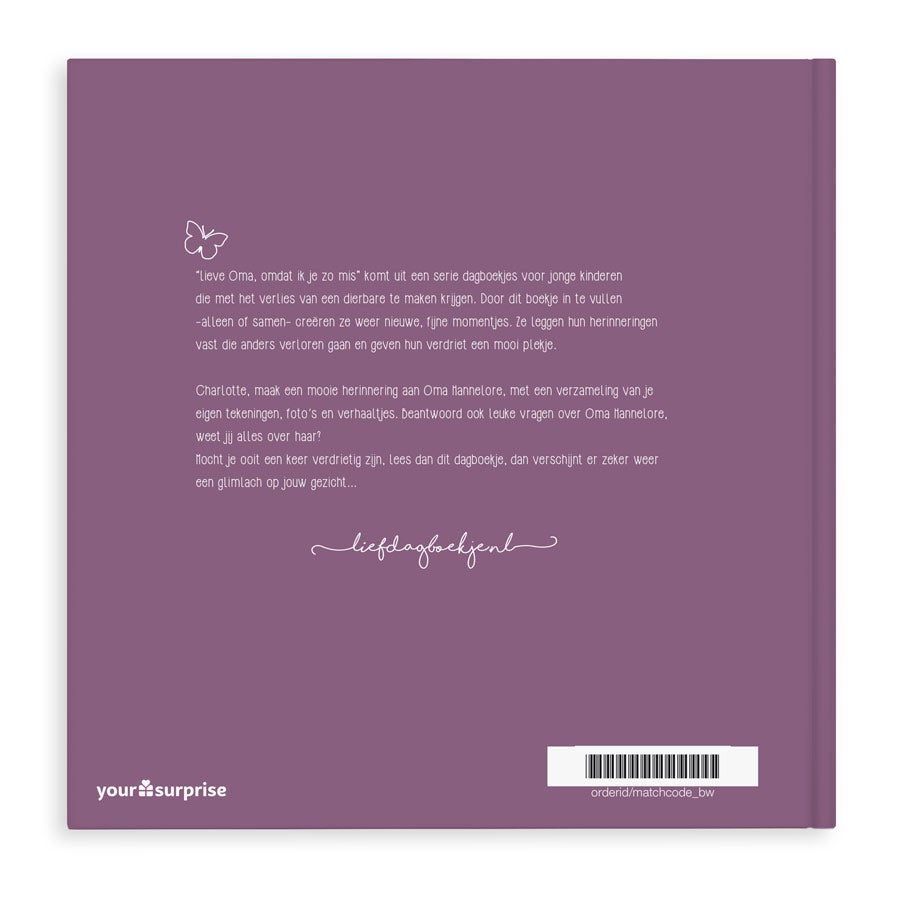 Boek "Lieve Oma, omdat ik je zo mis" met naam
