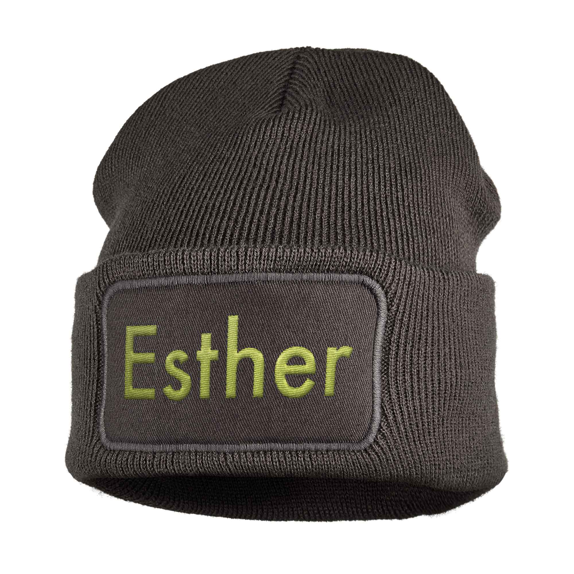 Donkergrijze beanie muts met geborduurde groene naam 'Esther', persoonlijk te maken met tekst naar keuze.