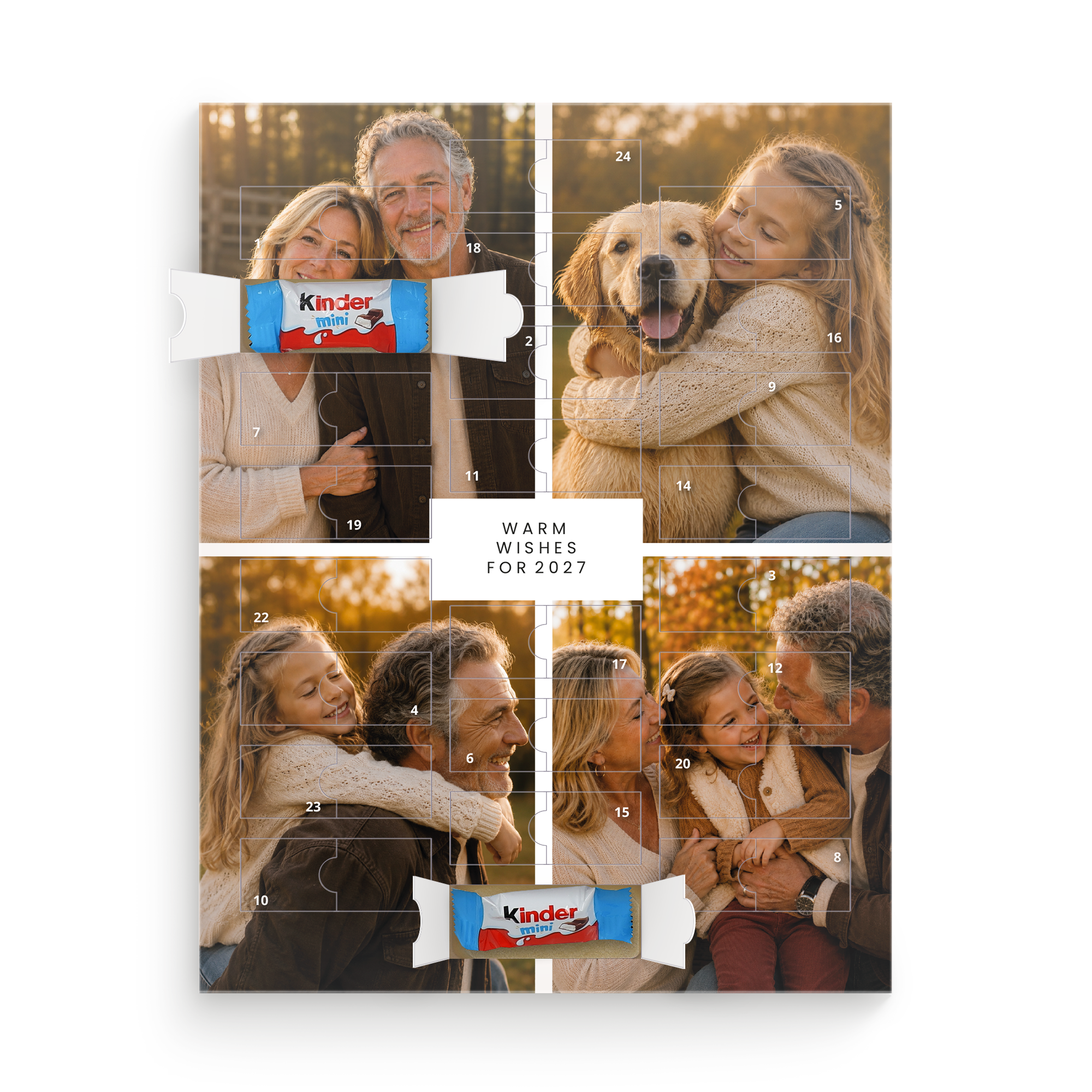 Personalised Kinder chocolate advent calendar, printed with family photos and Warm Wishes for 2027 message