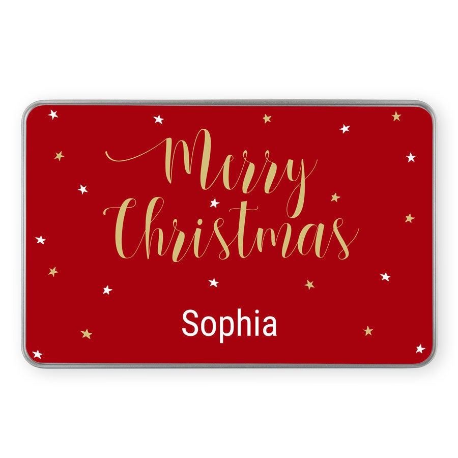 Punainen joulun muistolaatikko kullatulla "Merry Christmas" -tekstillä ja "Sophia"-nimellä, painettu valokuvalla.