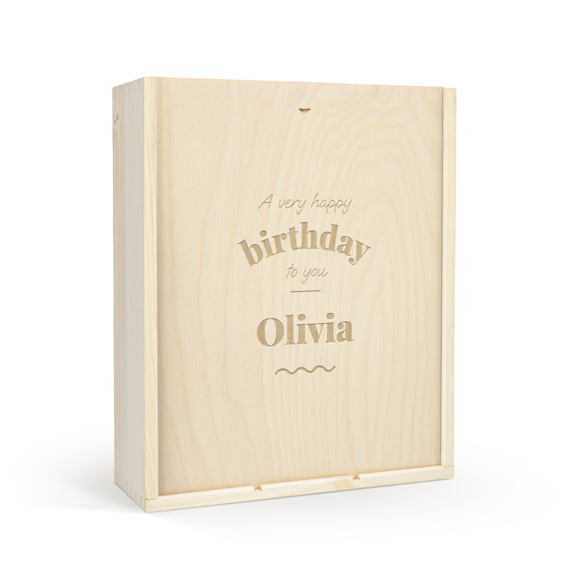 Deluxe-puinen kotelo, jossa on yksilöllinen kaiverrus Olivia ja A very happy birthday to you tekstillä