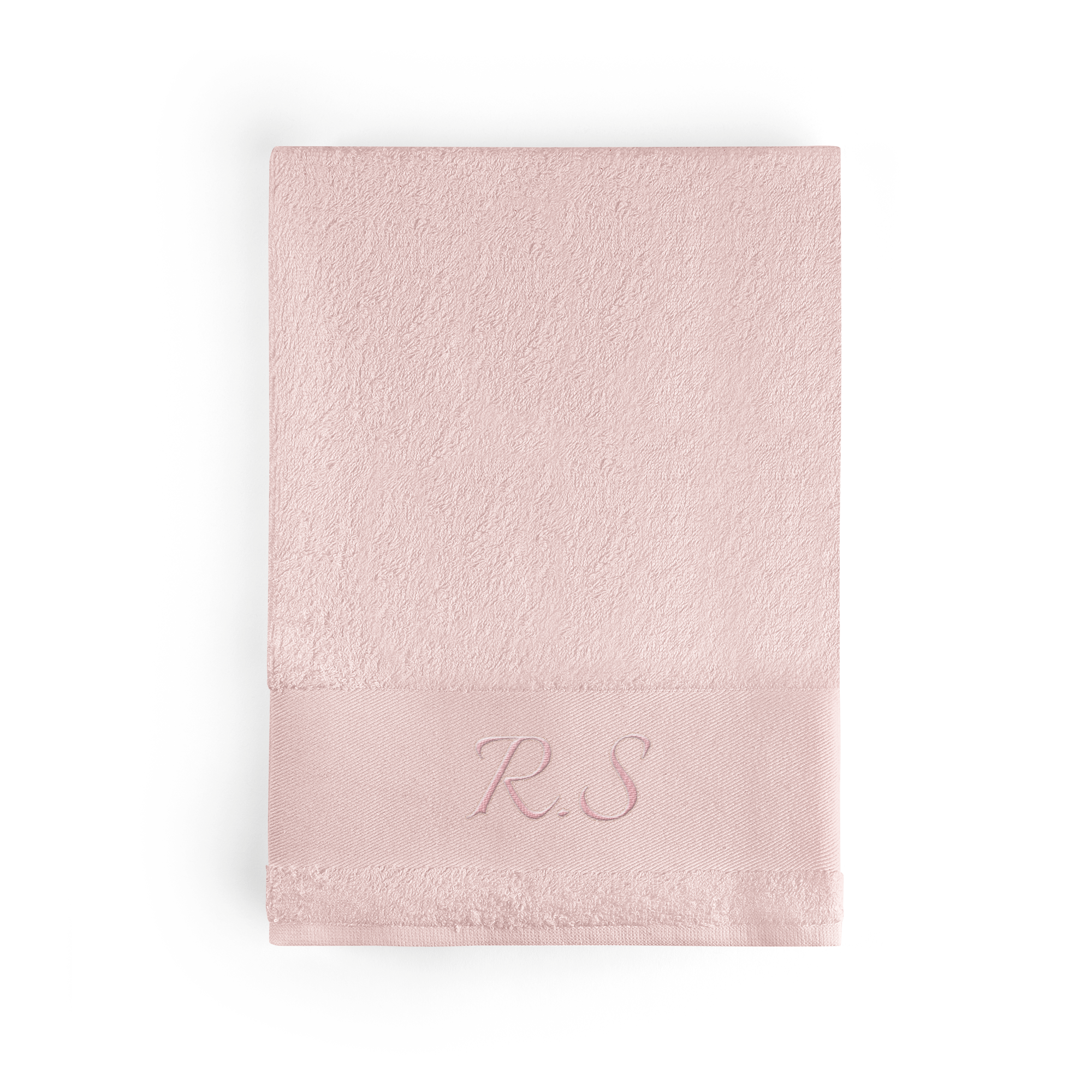 Roze handdoek met geborduurde initialen R.S., een gepersonaliseerde handdoek met naam