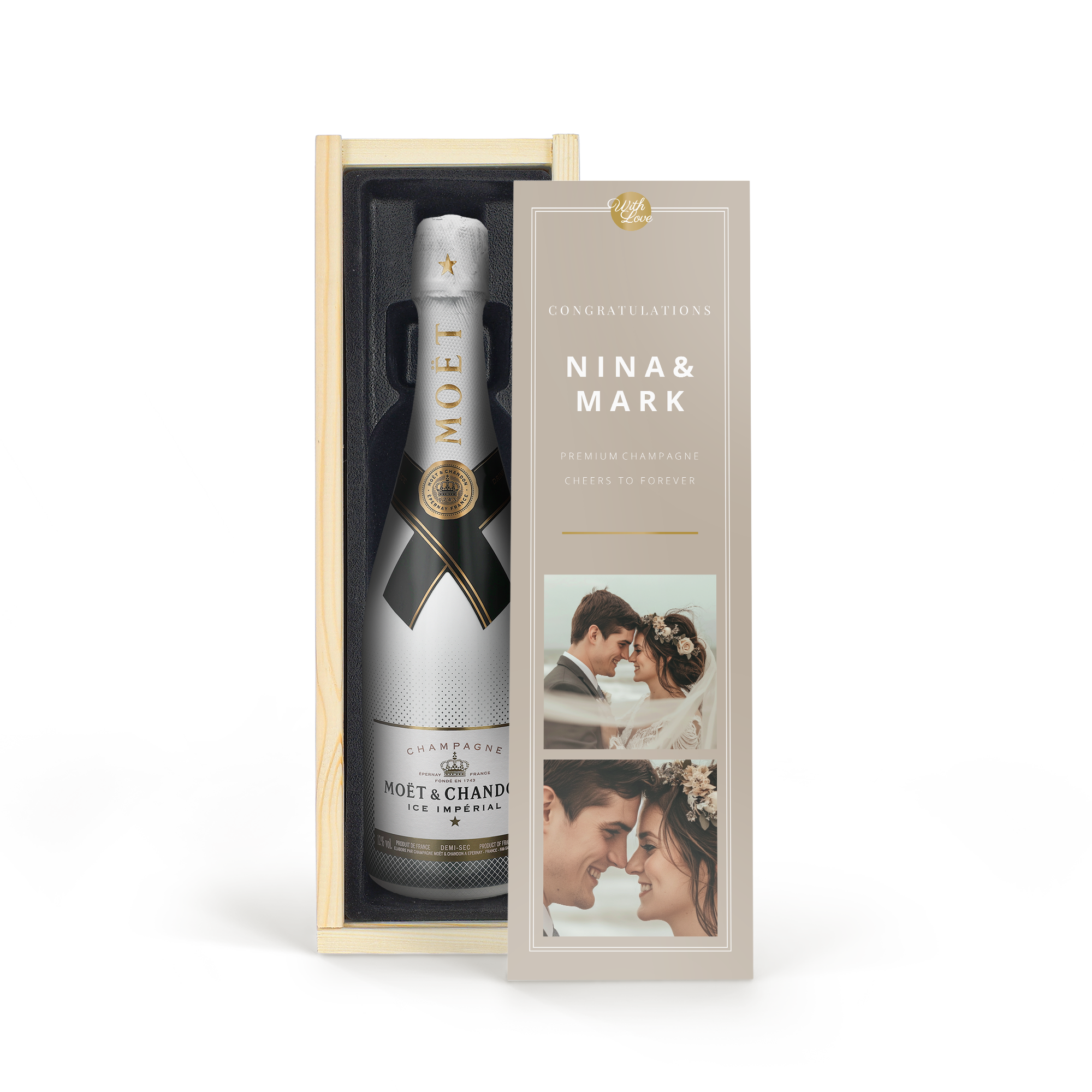 Moët & Chandon Ice Impérial pezsgő nyomtatott, személyre szabott dobozban Nina és Mark nevekkel és fotókkal.