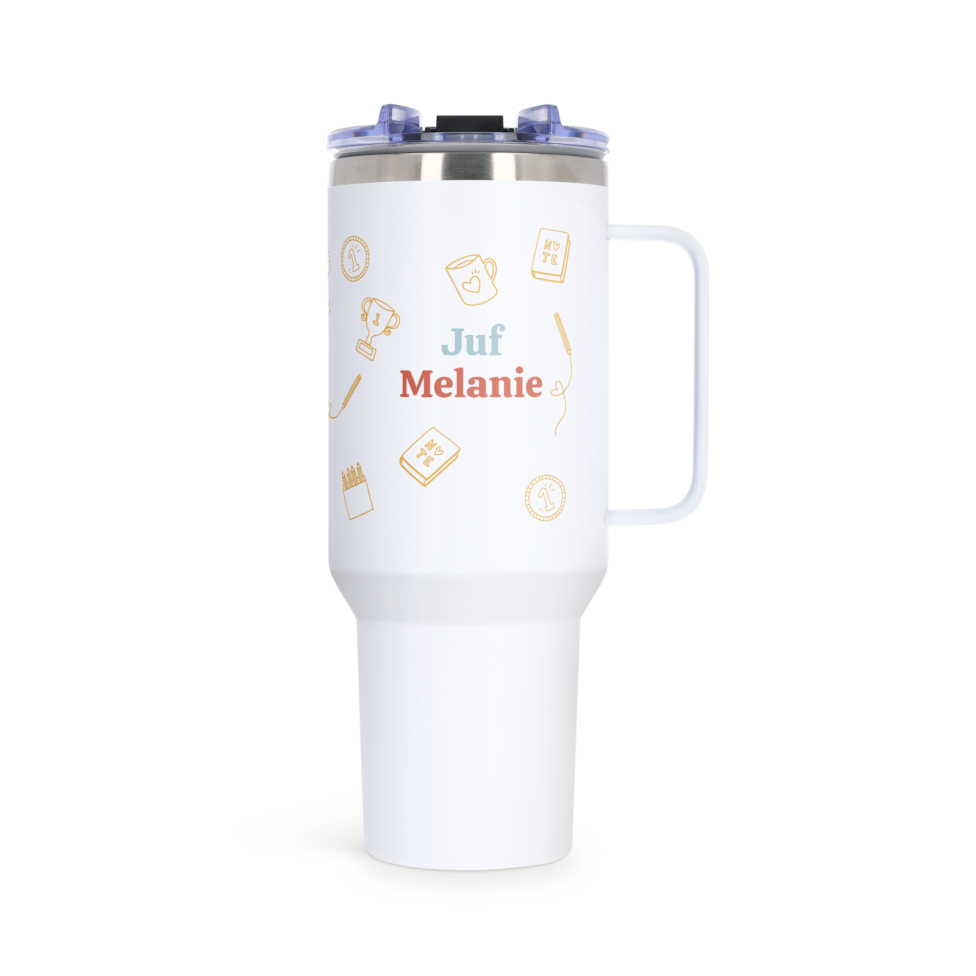 Witte drinkfles met handvat, bedrukt met "Juf Melanie" en schoolgerelateerde illustraties voor jouw drinkmoment.