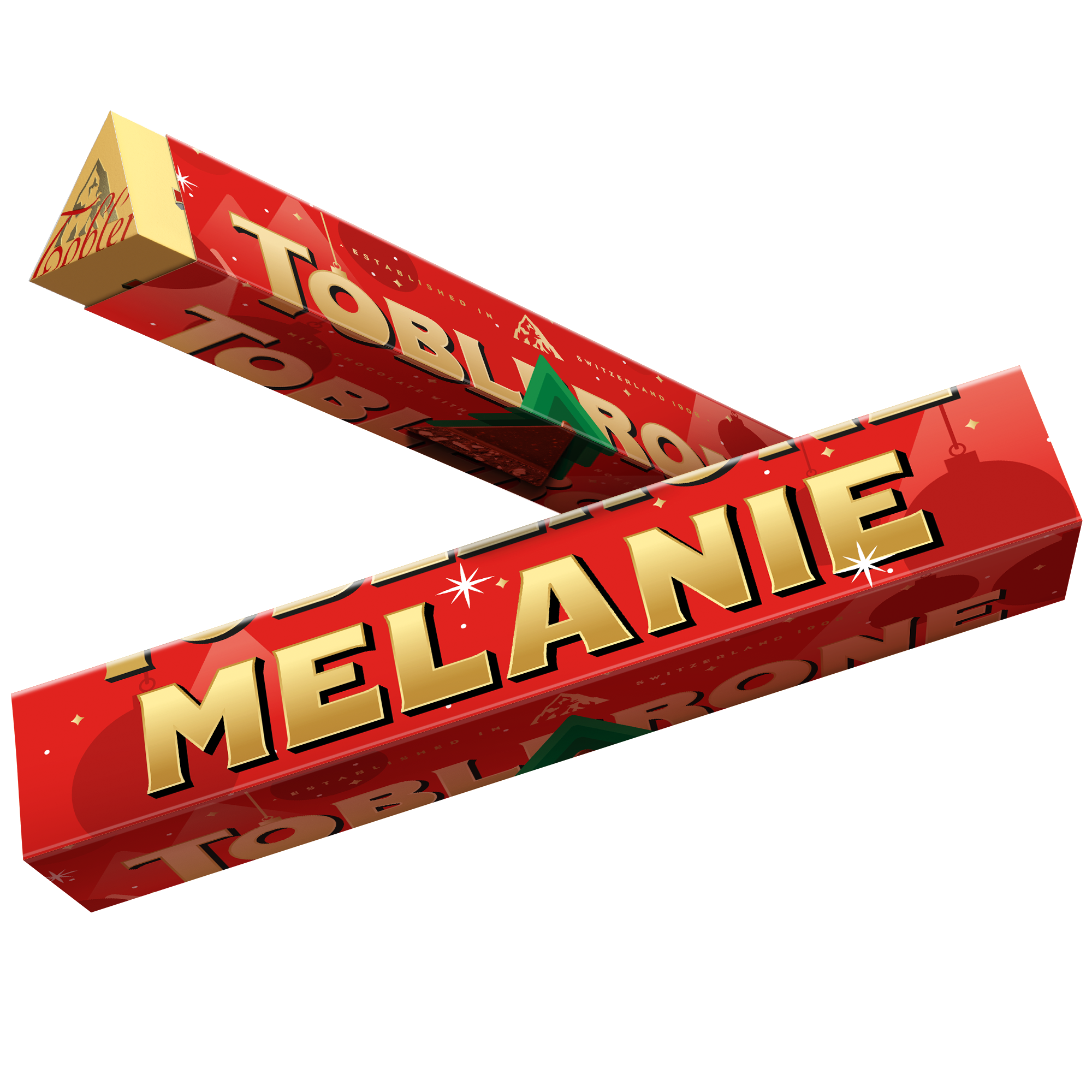 Rode Toblerone kerstreep met de naam Melanie, gepersonaliseerd met gouden letters op de wikkel