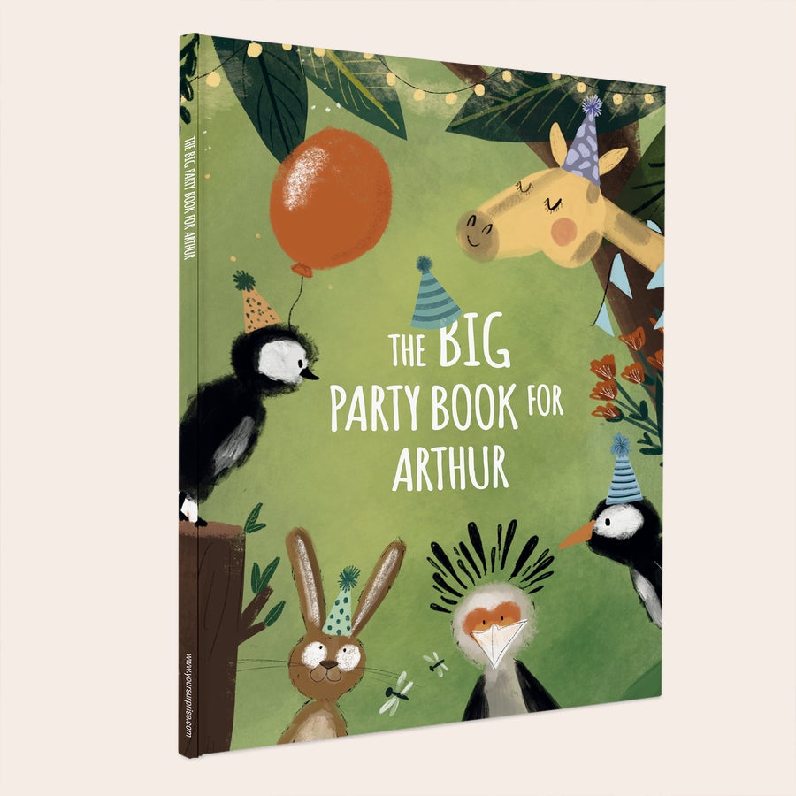 Personalised book - The Big Party Book Personalised book - The Big Party Book - Hardcover, with cartoon animals and "The Big Party Book for Arthur" printed on the cover.