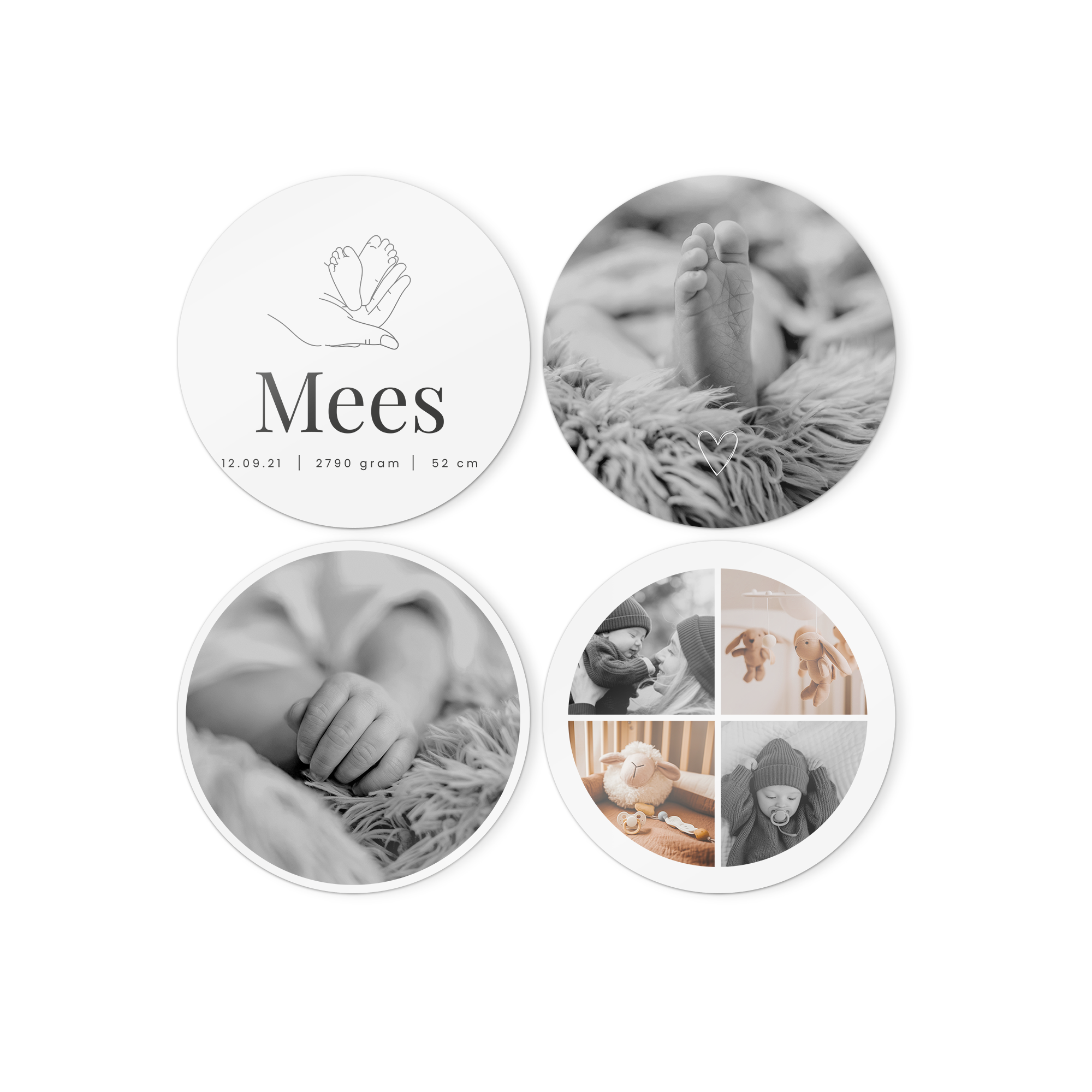 Wandbilder aus Holz mit Ihrem Design und gedruckten Babyfotos mit Namen Mees, Geburtsdatum, Gewicht und Größe