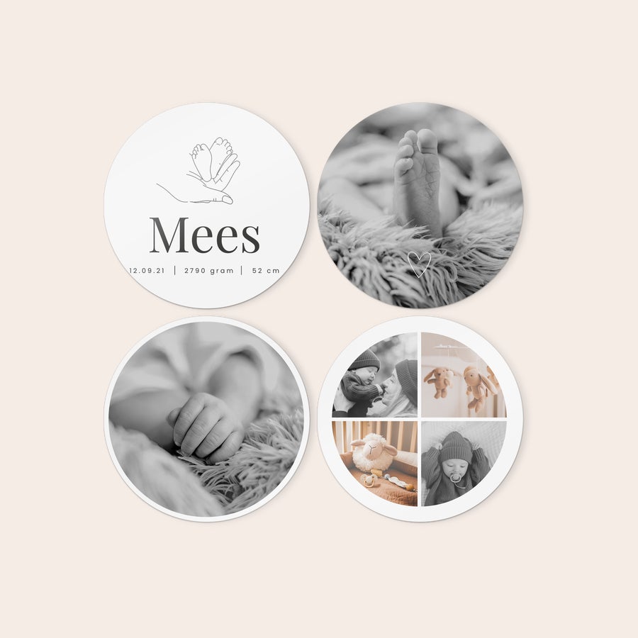 Fotokacheln Wandbilder aus Holz mit Ihrem Design und gedruckten Babyfotos mit Namen Mees, Geburtsdatum, Gewicht und Größe