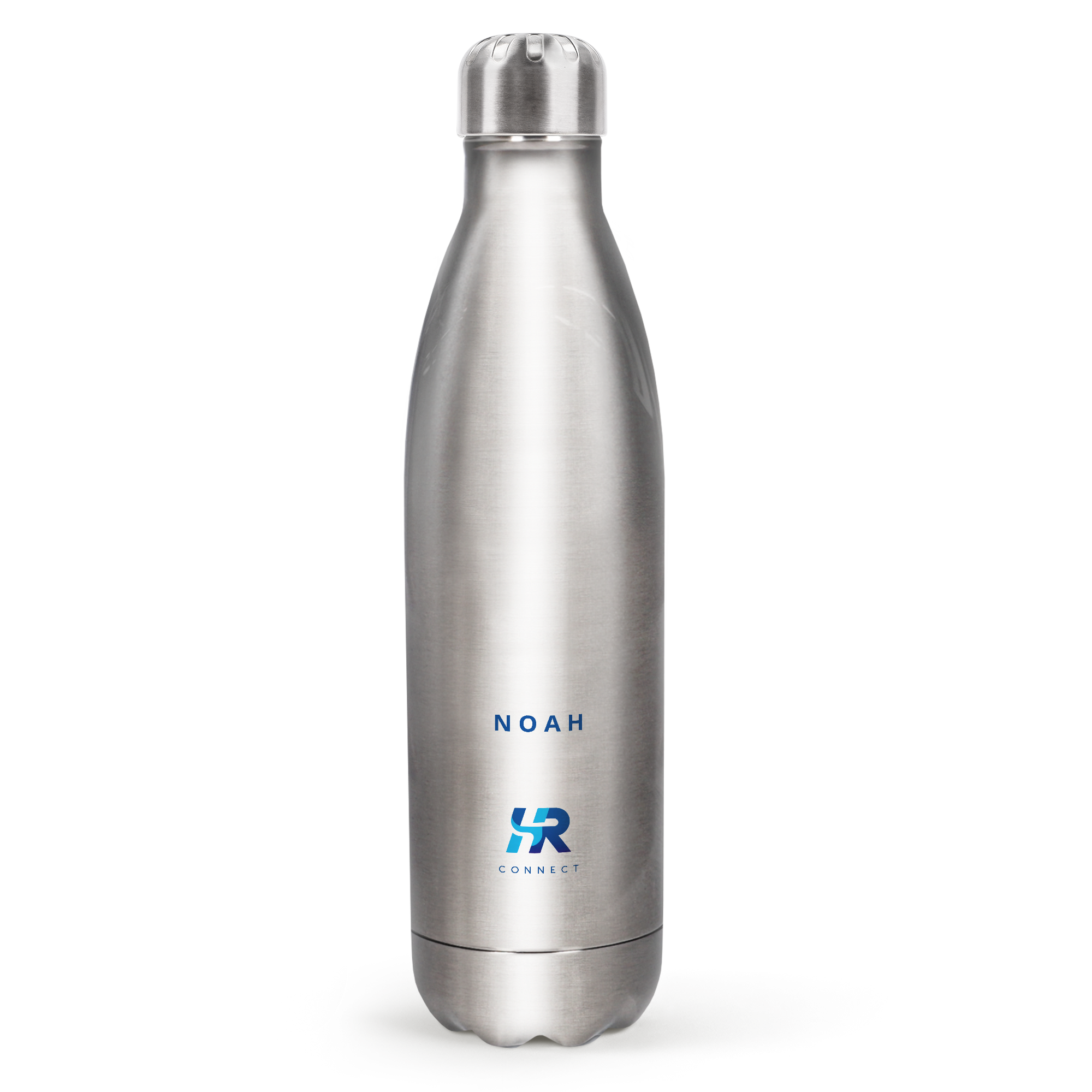 Aluminium isolierte Wasserflasche, bedruckt mit blauem Namen Noah und Firmenlogo HR Connect, der personalisierte Begleiter für Abenteuer