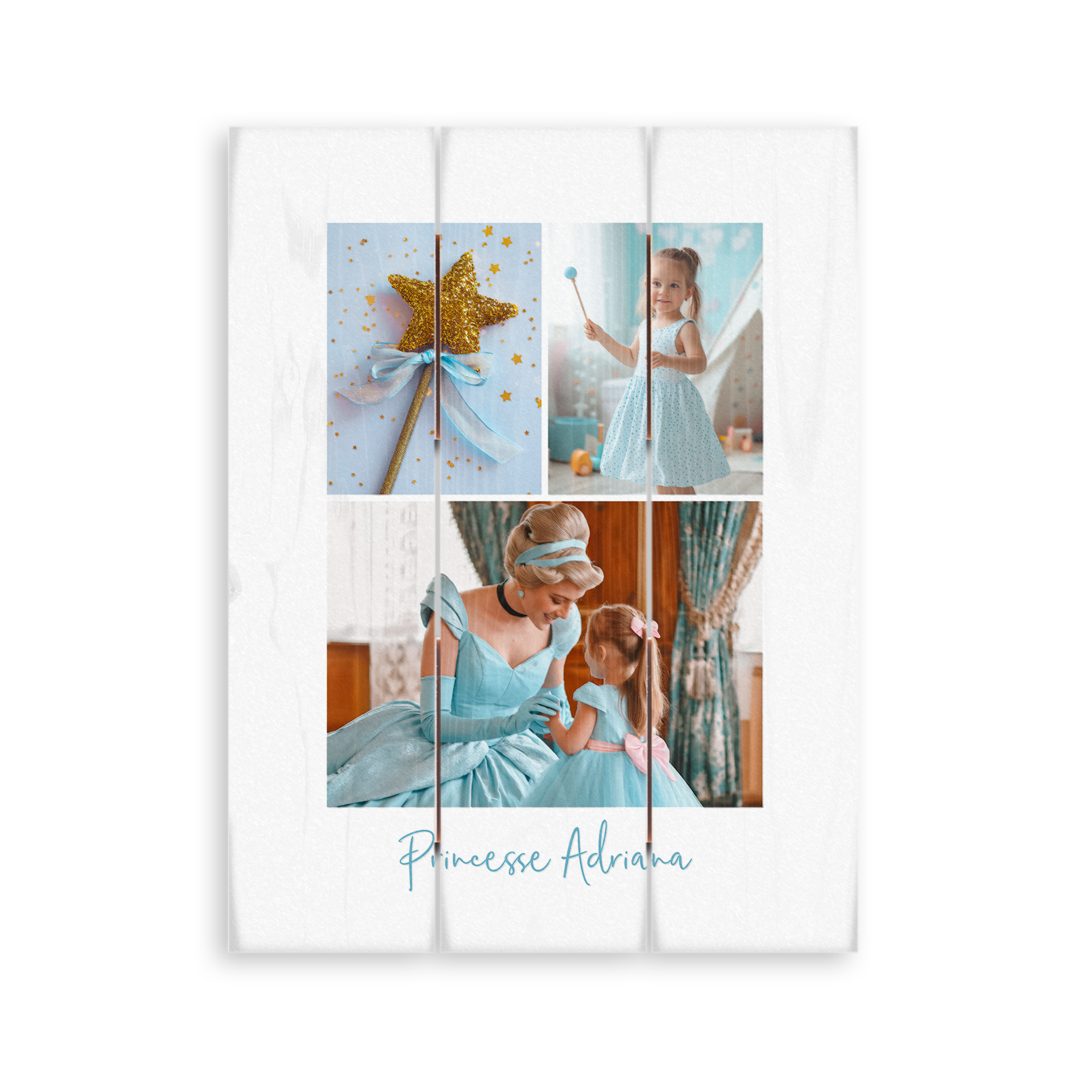 Photo imprimée sur planches en bois personnalisé avec trois images et le texte Princesse Adriana