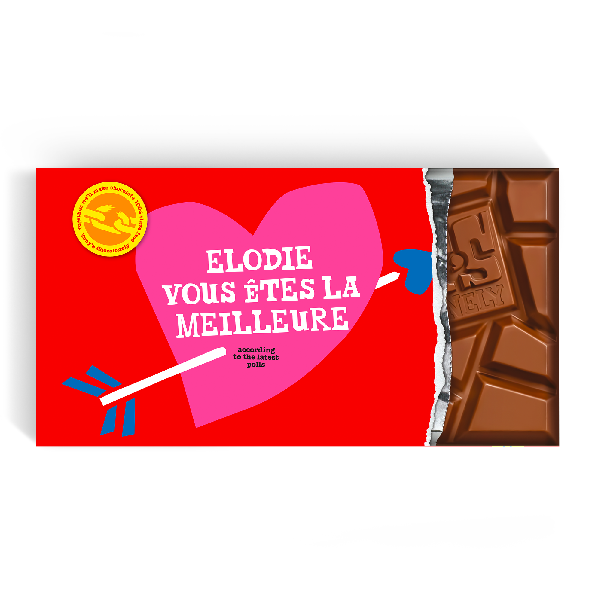 Cette barre personnalisée Tony's Chocolonely avec emballage imprimé et message Elodie Vous Êtes La Meilleure