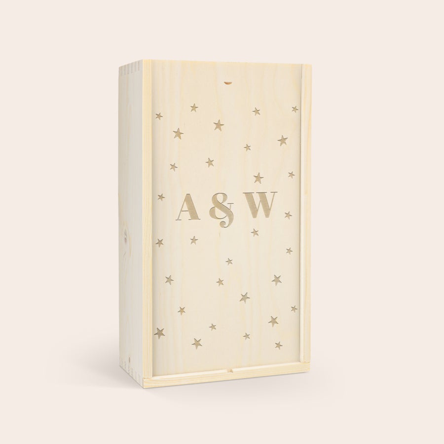 Coffret vin personnalisé - Belvy - Rouge, Blanc & Rosé Coffret bois pour 2 bouteilles de Belvy, gravé de l'inscription A & W et d'étoiles personnalisées