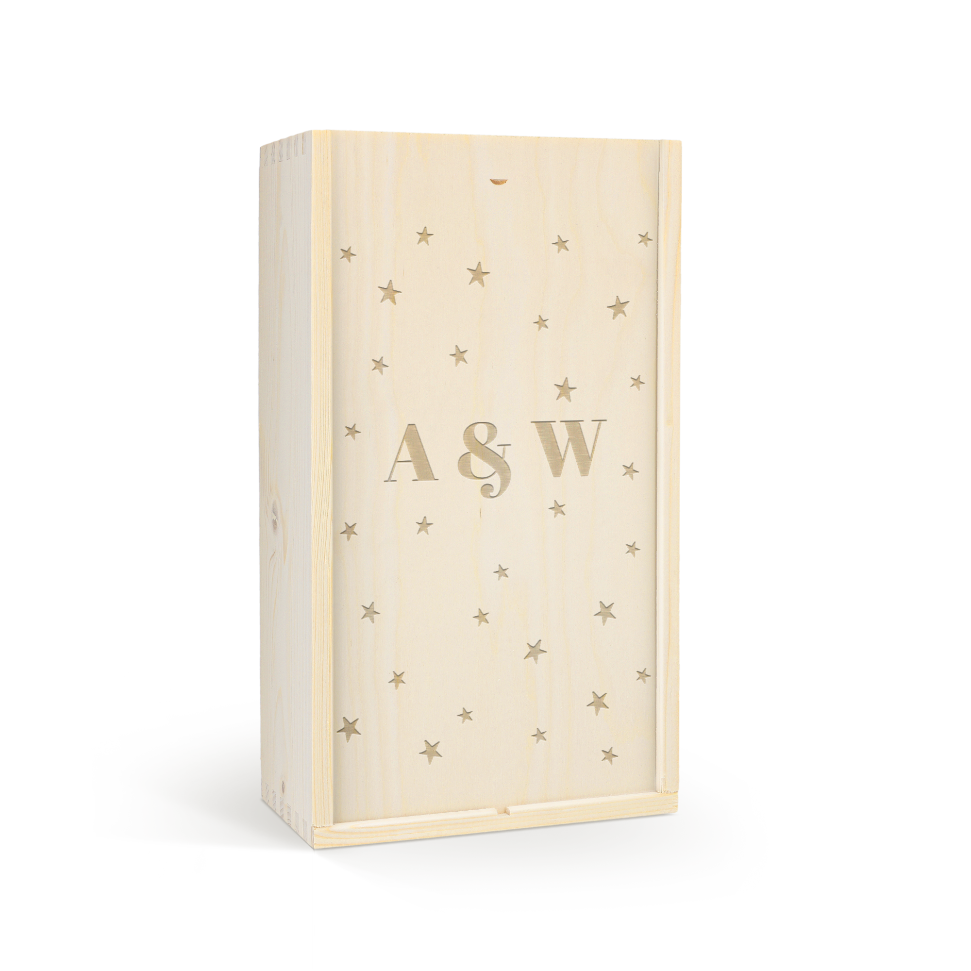 Confezione regalo in legno di vino Belvy personalizzabile con iniziali A&W e stelle incise