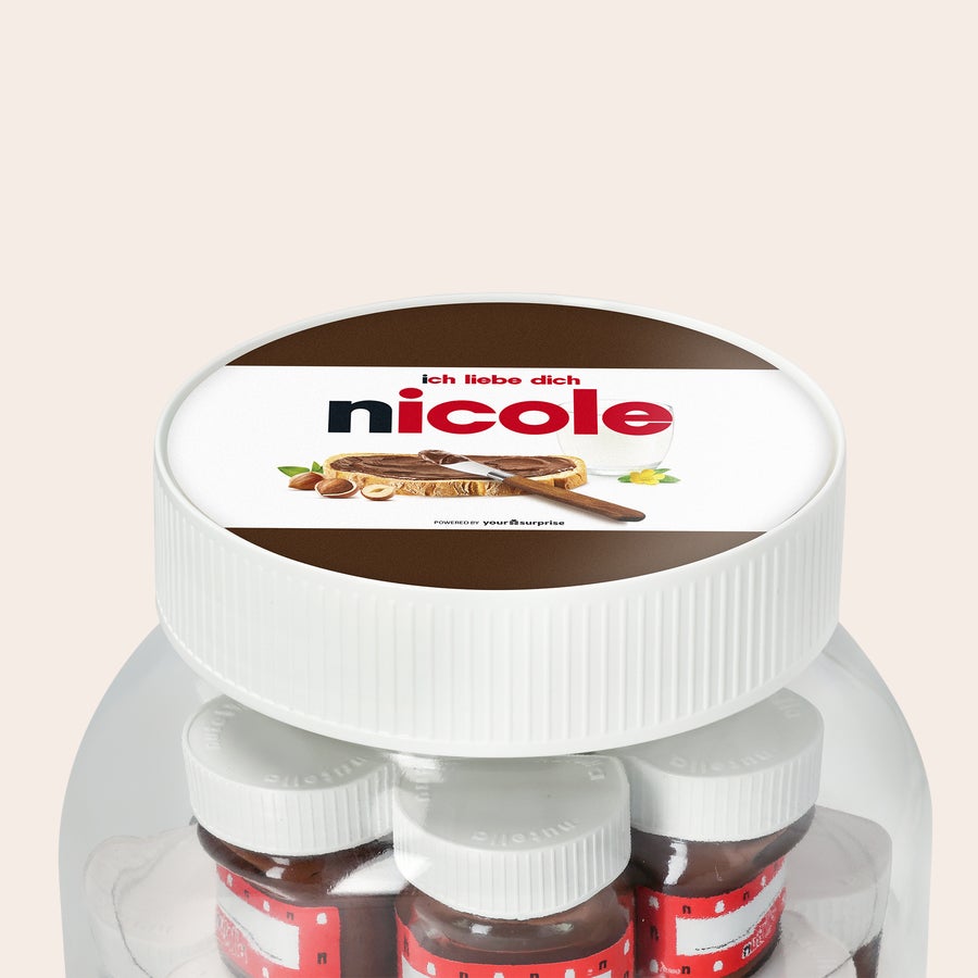 Personalisiertes nutella® Glas XL mit Namen und Foto XL nutella Glas mit personalisiertem Deckel, bedruckt mit dem Namen Nicole und dem Spruch "Ich liebe dich".