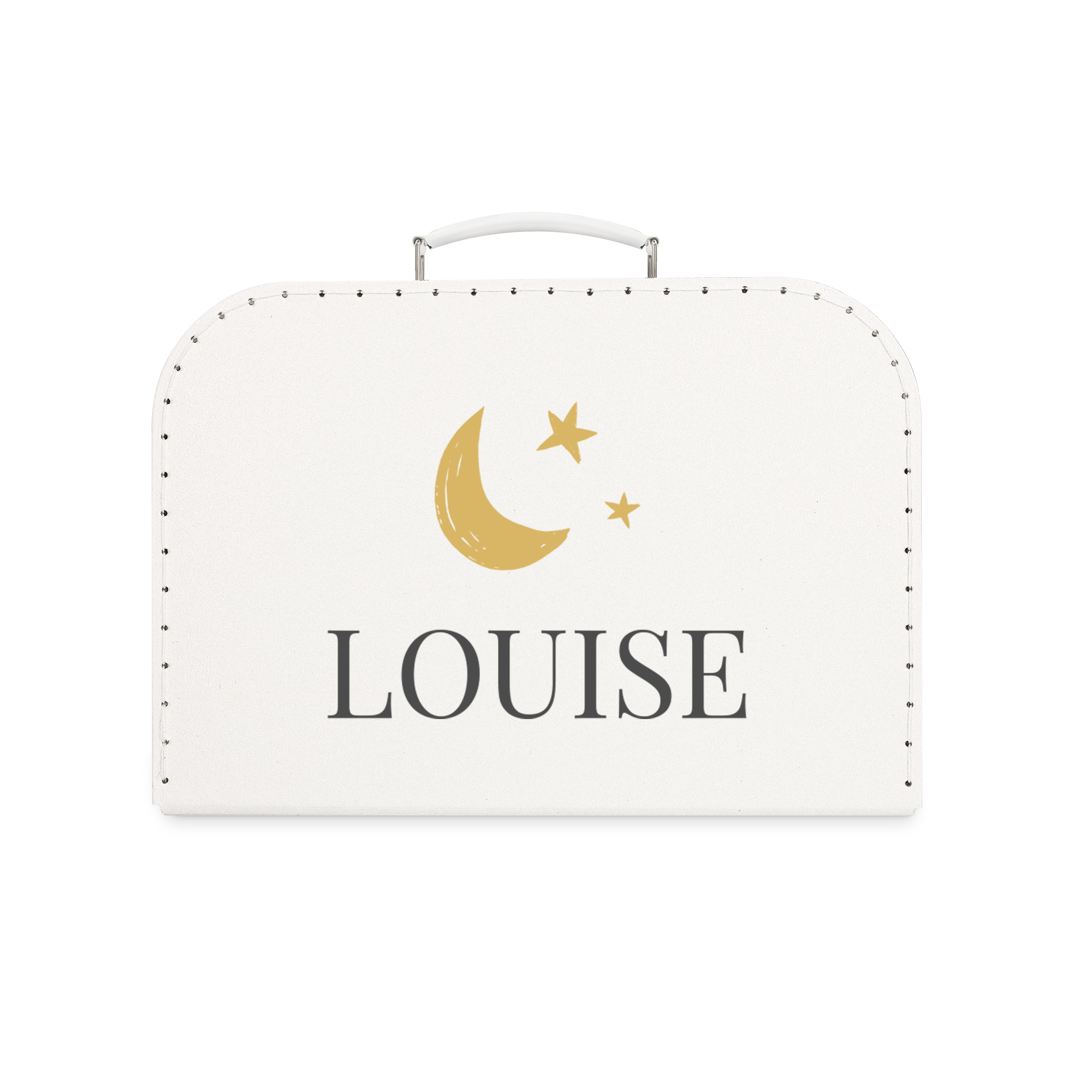 Valisette enfant blanche personnalisée avec lune, étoiles et le prénom Louise imprimé