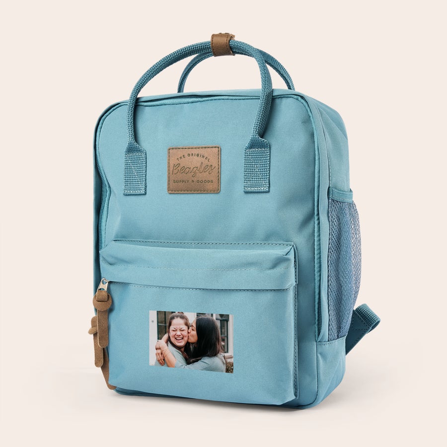 Sac à dos personnalisé Sac à dos bleu personnalisé avec photo imprimée de deux amies, super beau sac à dos personnalisé.