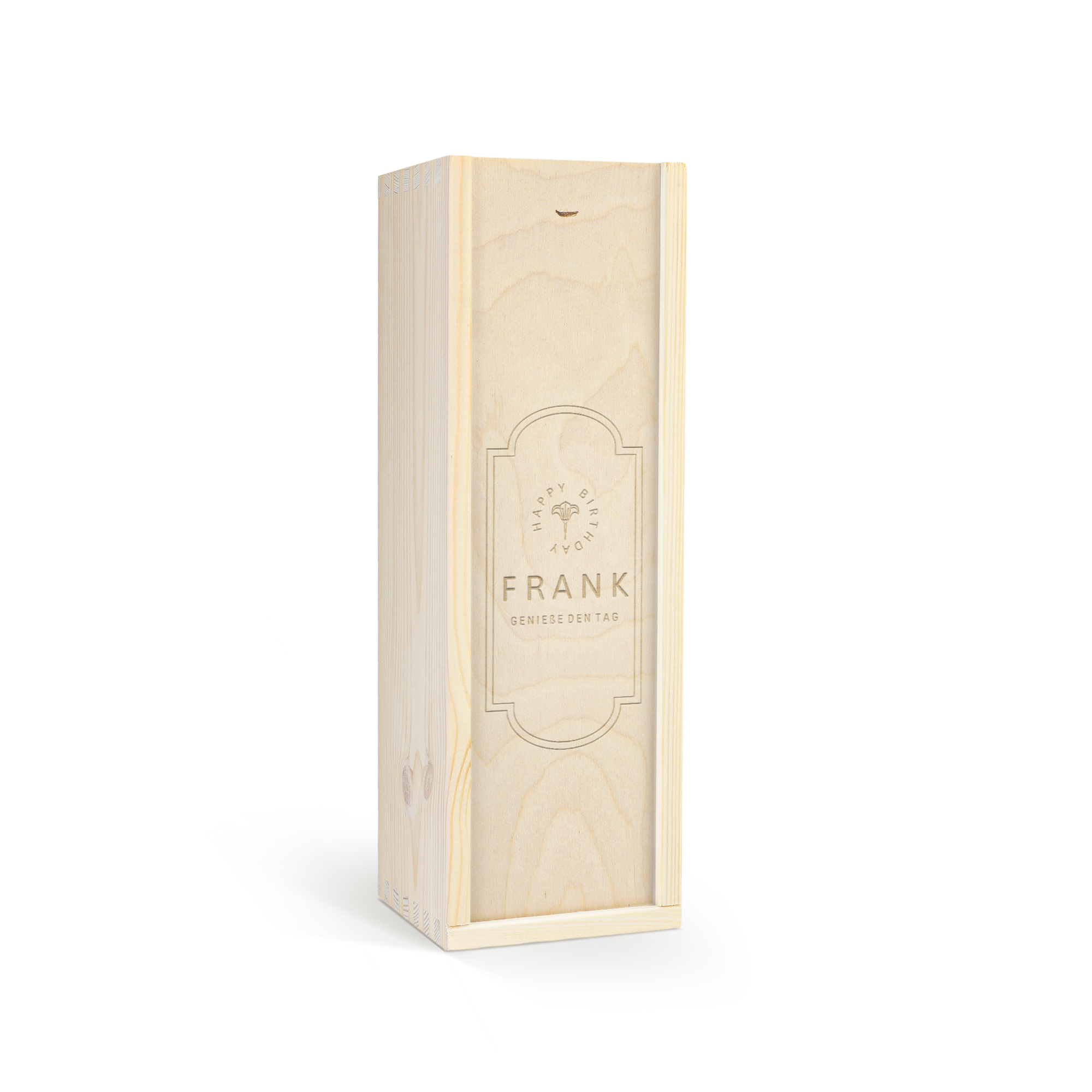 Personalisiertes Weingeschenk: Riondo Merlot in gravierter Holzkiste mit "FRANK" und "HAPPY BIRTHDAY"