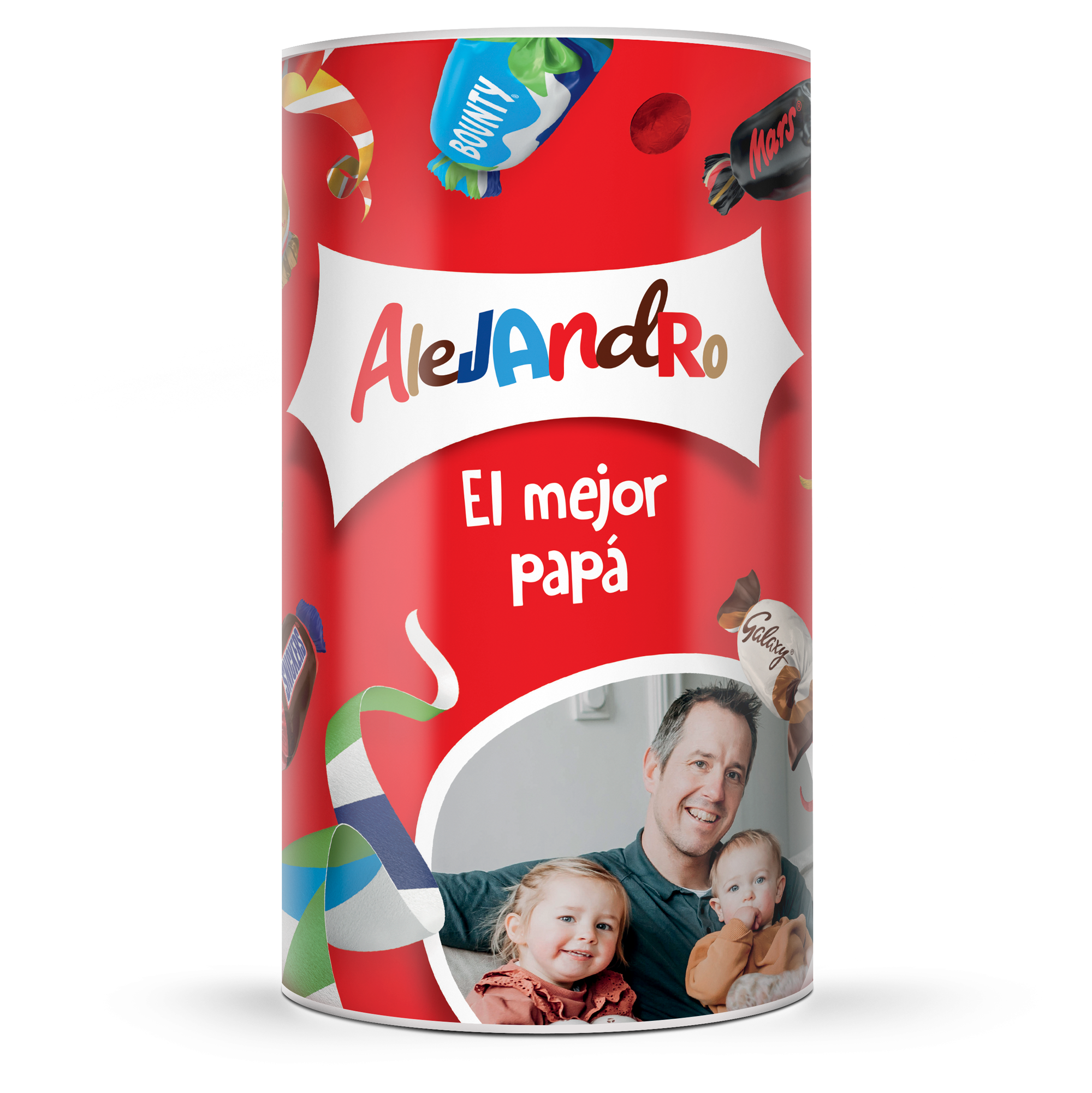 Surtido de chocolates - Caja personalizada con foto de familia, nombre Alejandro y el texto 