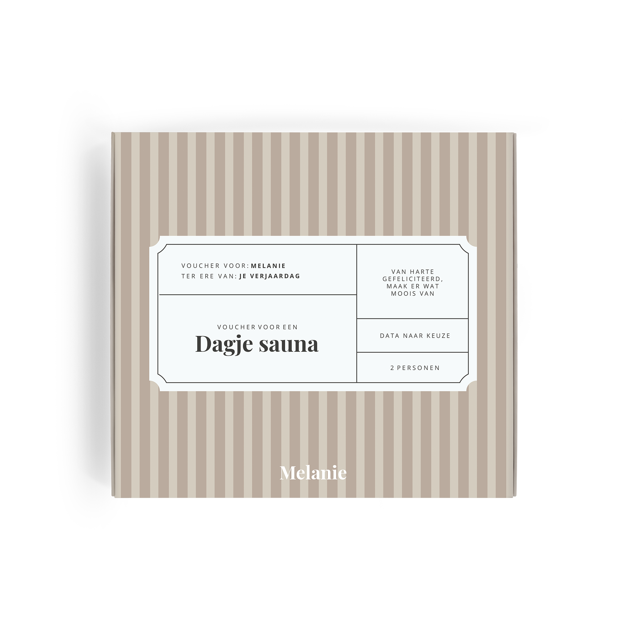 Verjaardagsgiftbox met persoonlijke opdruk voor Melanie, Happy Birthday!, met een 'Dagje sauna' voucher