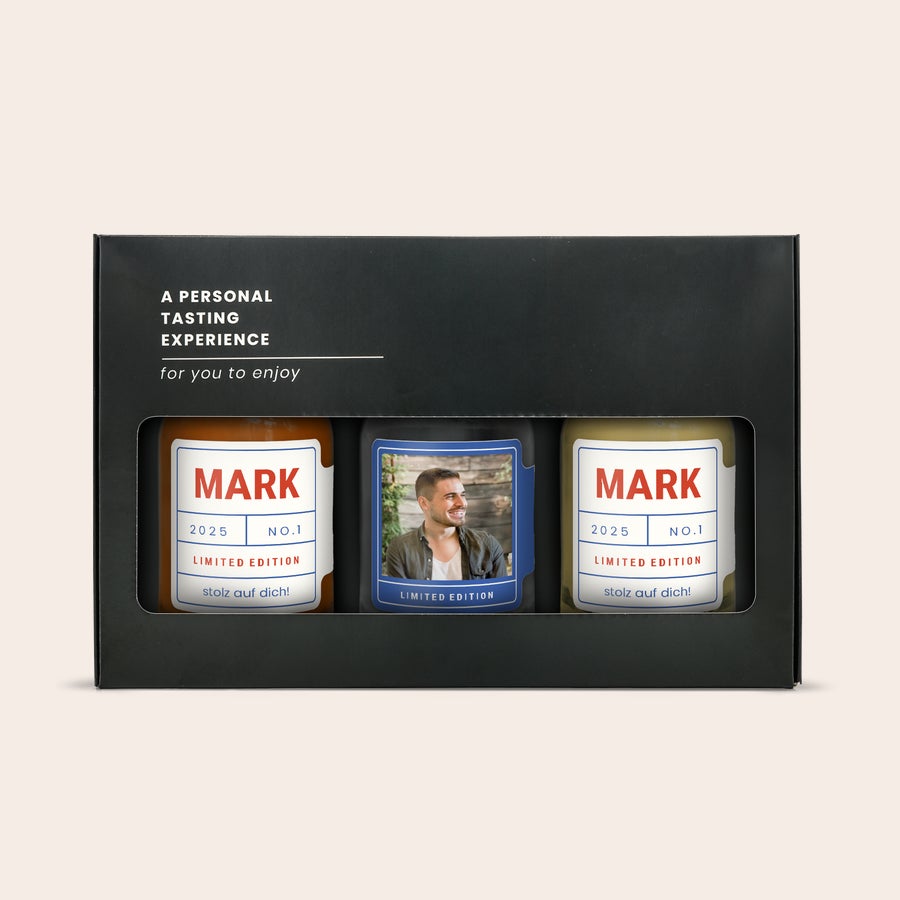 Miniatur-Alkoholverkostung – Wodka – Rum – Whisky Personalisiertes Miniatur-Alkohol-Verkostungsset mit bedruckten Etiketten für Name und Foto.