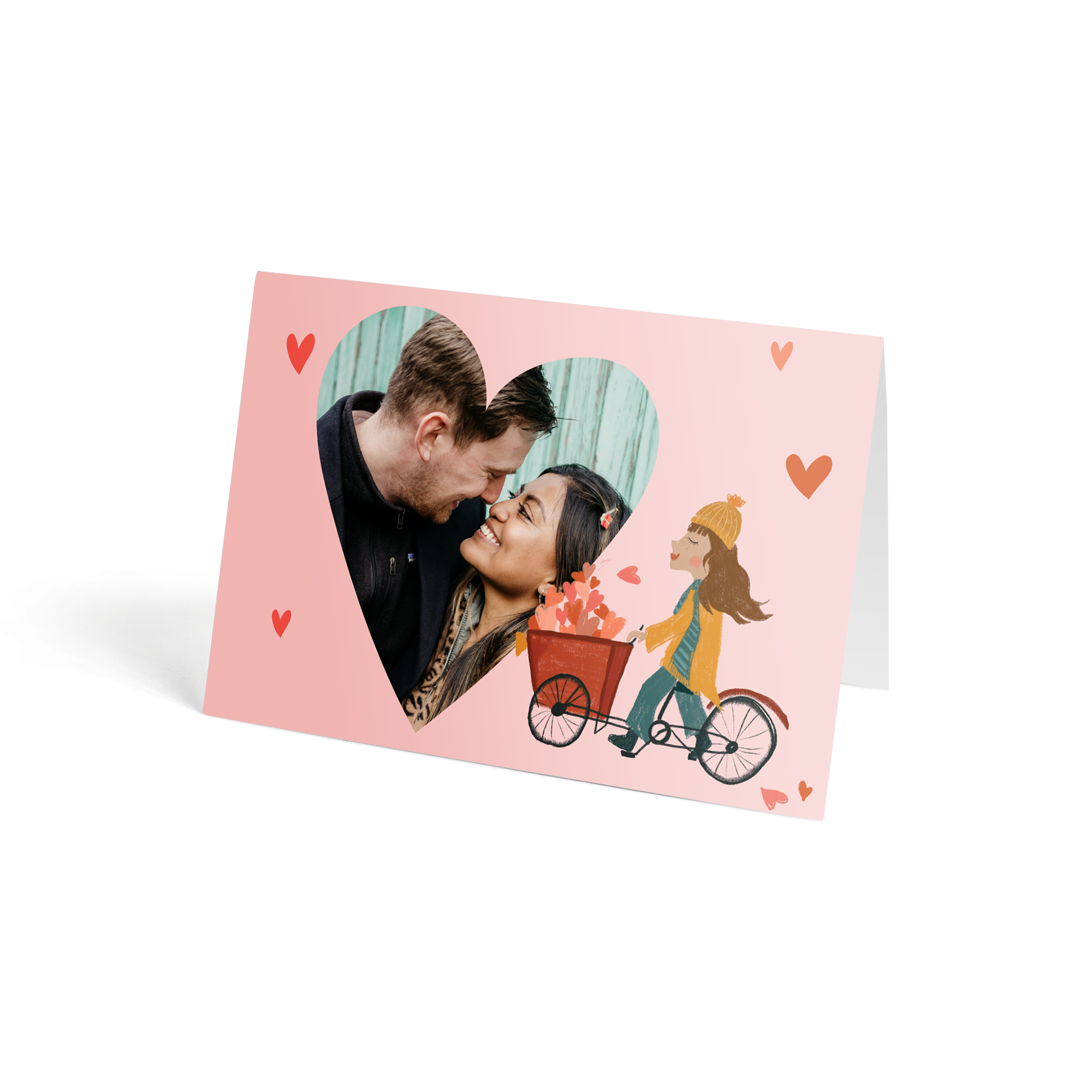 Carte de vœux personnalisée avec photo de couple imprimée dans un cœur et une illustration de petite fille à vélo. Roses postales - Orange.