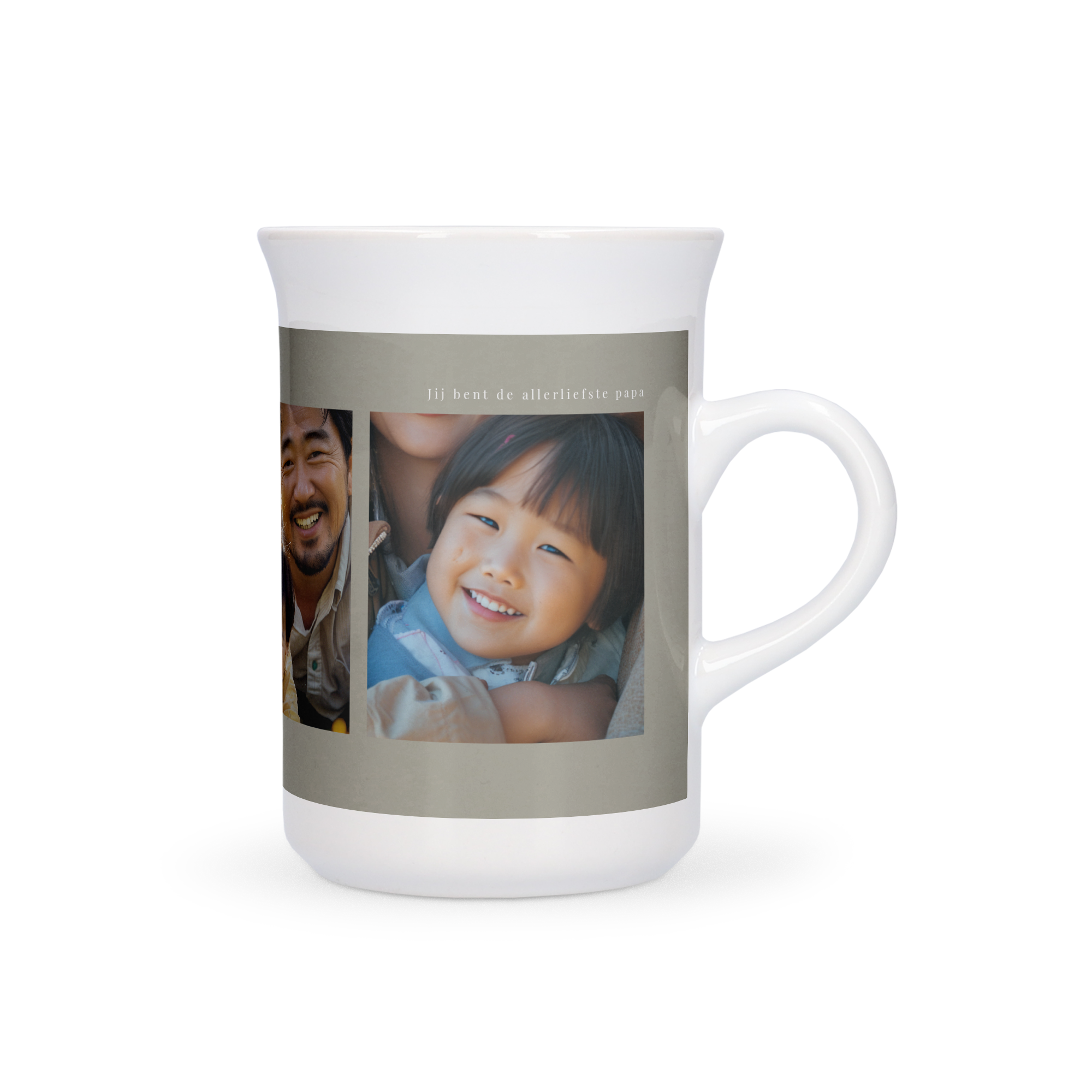 Witte kelkvormige mok bedrukt met twee familiefoto's en de tekst "Jij bent de allerliefste papa".