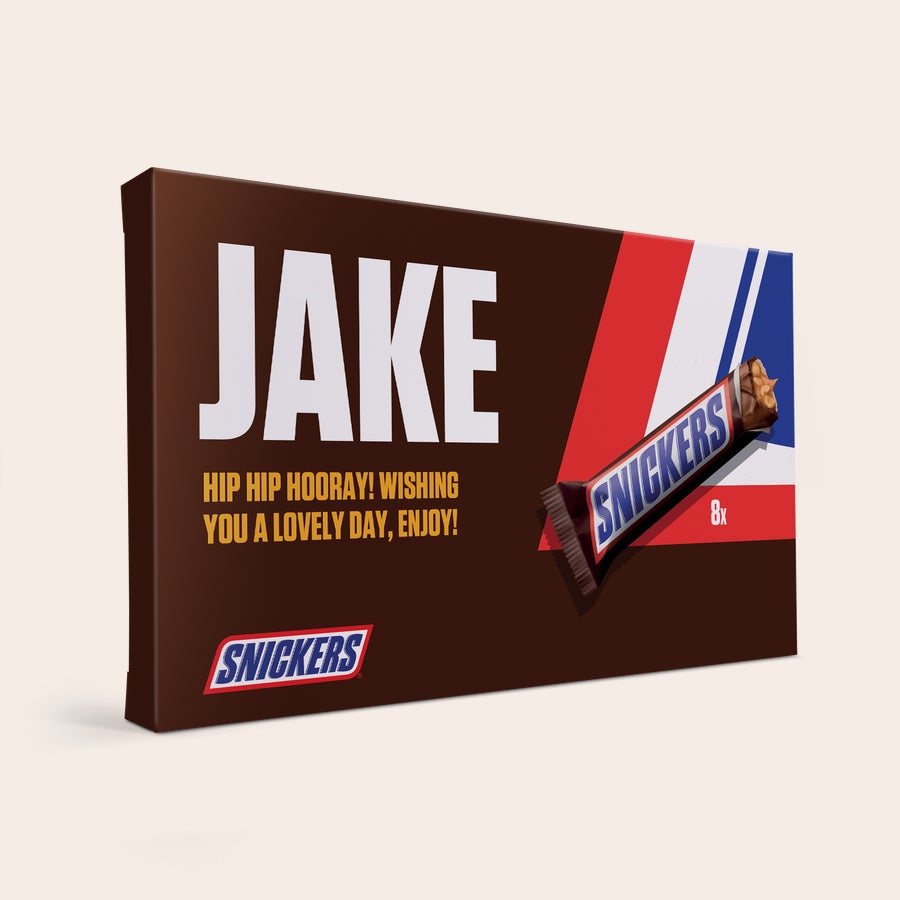 Caja regalo Snickers personalizada Caja regalo Snickers personalizada con el nombre "Jake" y un mensaje impresos, que contiene 8 barritas.