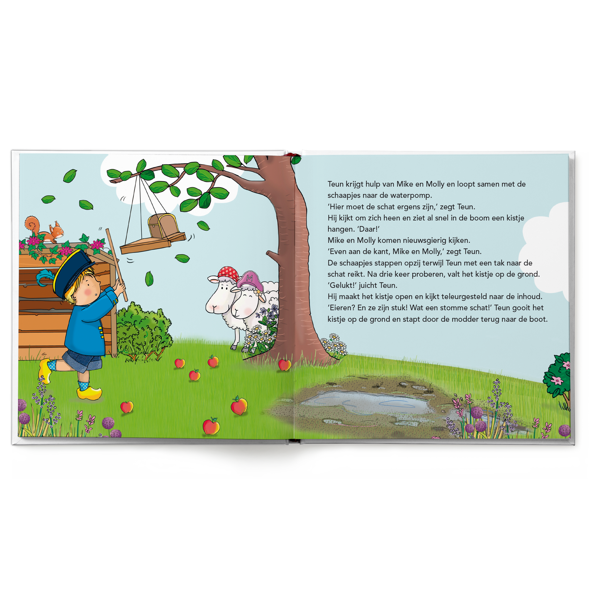 Gepersonaliseerd Fien en Teun boek ga op schattenjacht met eigen naam en foto, afgebeeld is een pagina uit het boek waarop Teun een kistje uit de boom haalt.